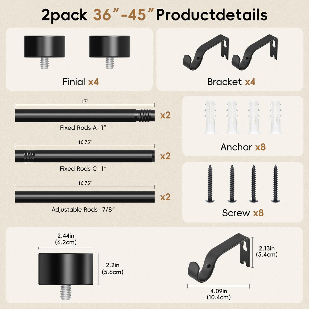 OLV Black Curtain Rod 36 to 45 Inch, 1 Inch Adjustable Modern Curtain Rods for Windows, Decorative Heavy Duty Window Treatment Rods with End Cap Finials, Telescopic Splicing Drapery Pole, Easy Install
