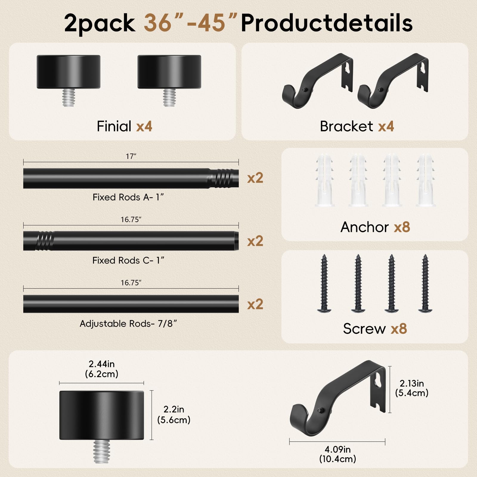 OLV Black Curtain Rod 36 to 45 Inch, 1 Inch Adjustable Modern Curtain Rods for Windows, Decorative Heavy Duty Window Treatment Rods with End Cap Finials, Telescopic Splicing Drapery Pole, Easy Install