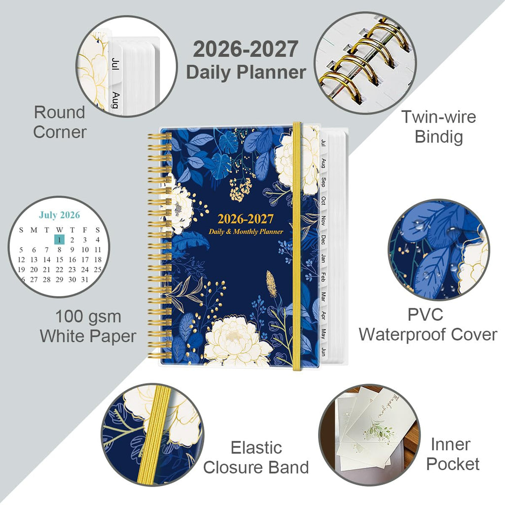 2026-2027 Daily & Monthly Planner - One Page Per Day, Daily Planner from July 2026 to June 2027, Planner 2026-2027 with 12 Monthly Tabs, 6.4" x 8.5", Black