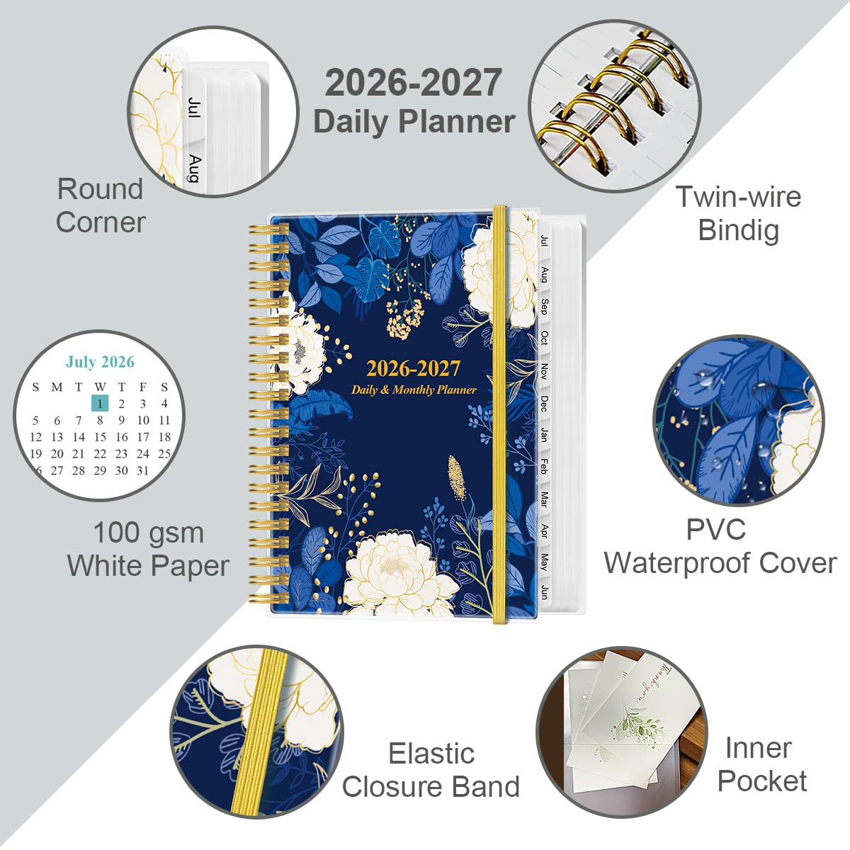 2026-2027 Daily & Monthly Planner - One Page Per Day, Daily Planner from July 2026 to June 2027, Planner 2026-2027 with 12 Monthly Tabs, 6.4" x 8.5", Black