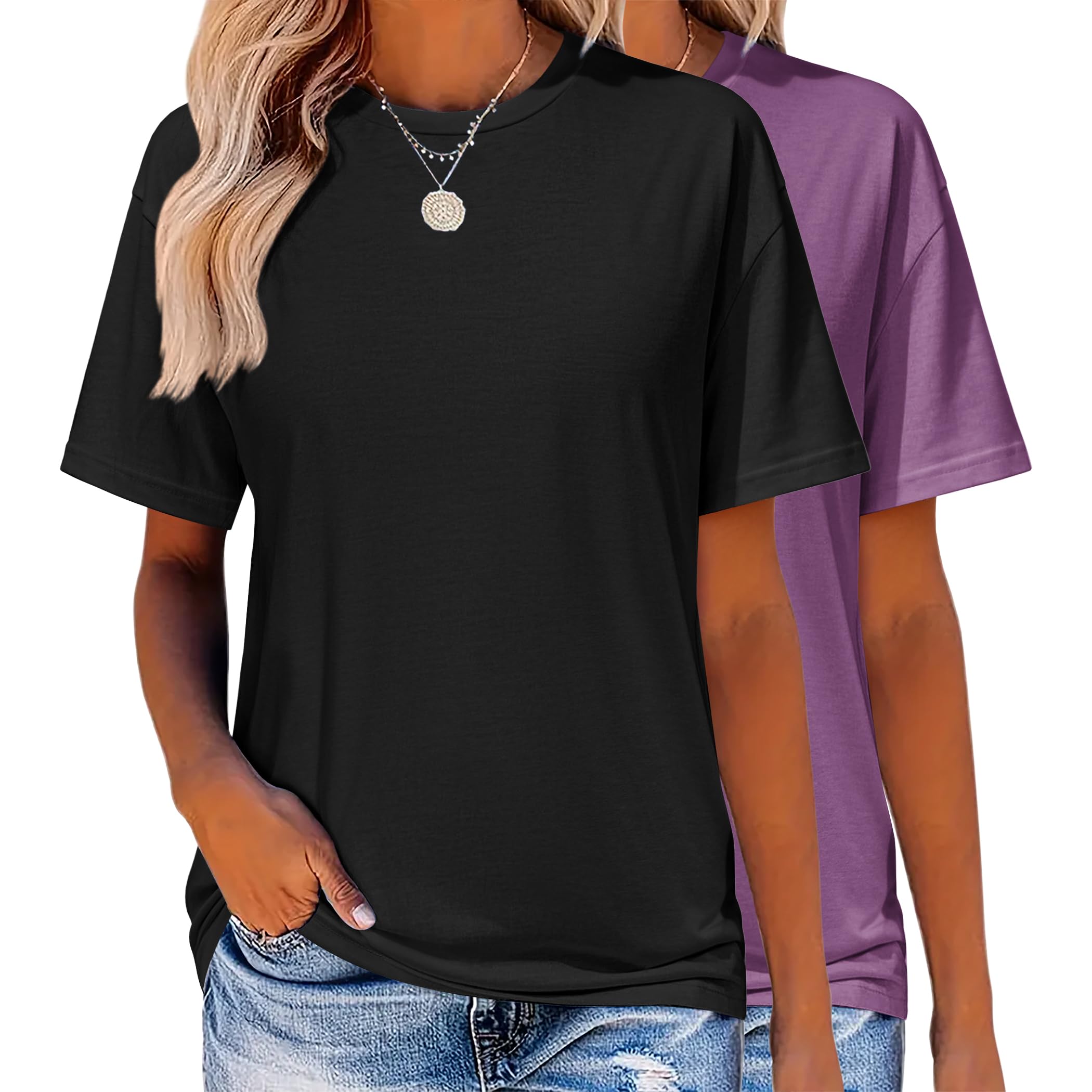 Zeagoo Women's T-Shirts Short Sleeve Tops Summer Casual Blouse Crew Neck Basic Shirt 2 Pack Loose Fit Tee