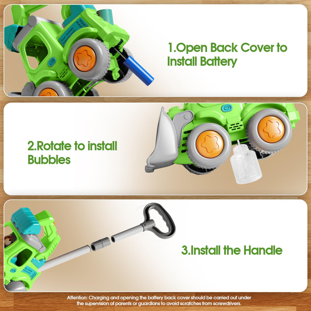 Bubble Lawn Mower Toddler Toys,Engineering Car Bubble Machine Maker Blower Kids Toy Cart,Ideal Gifts for 1-4 Year Old Boy,Girl,Grill Outdoor Child Party Toys with 6X Bubbles Solution Refills,Green
