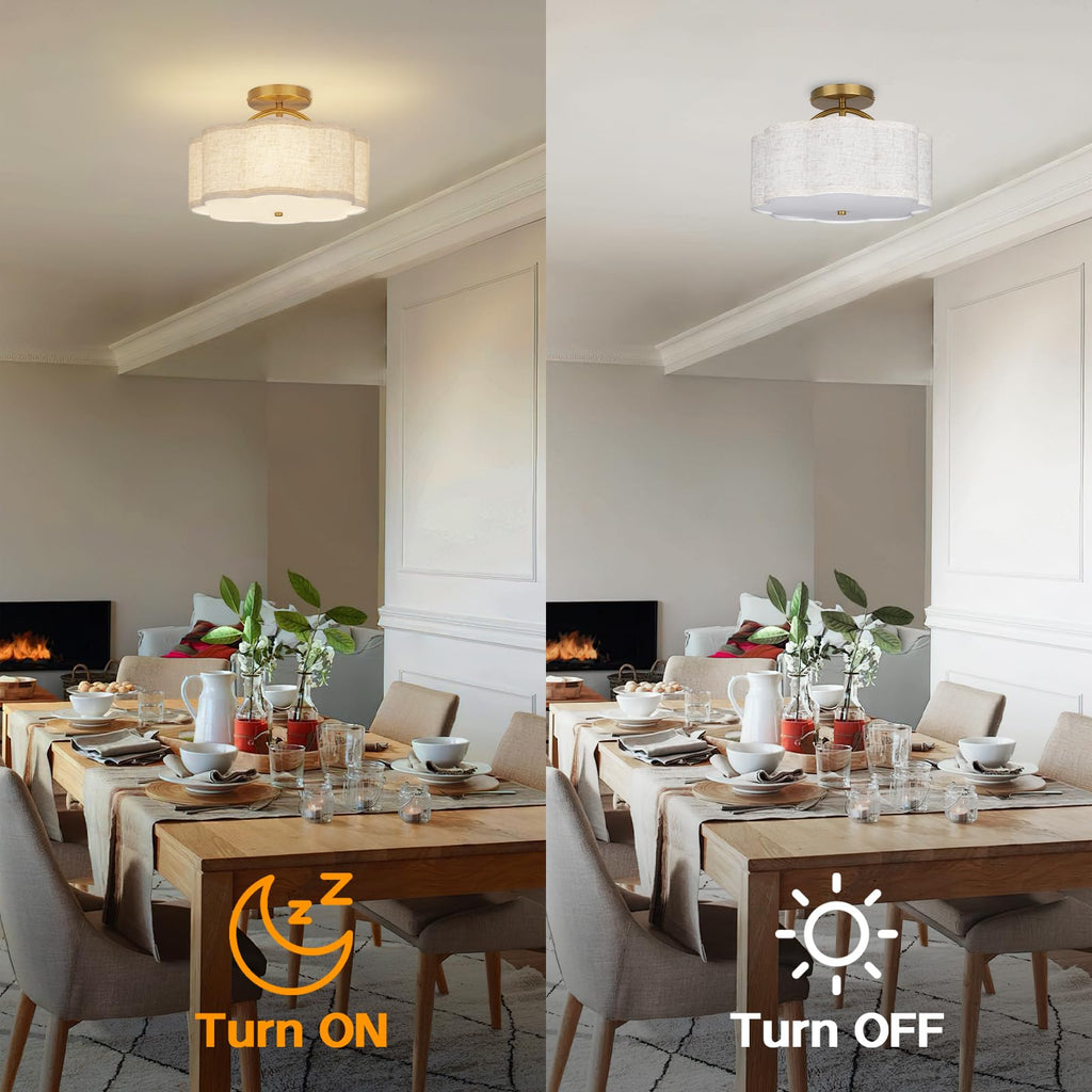 CALOKES Semi Flush Mount Ceiling Light, 11.8" Modern 3-Light Fixture with Petal-Shaped Cream White Fabric Shade and Golden Support Arm, Ideal for Bedroom, Kitchen, Living Room, Hallway, and Entryway