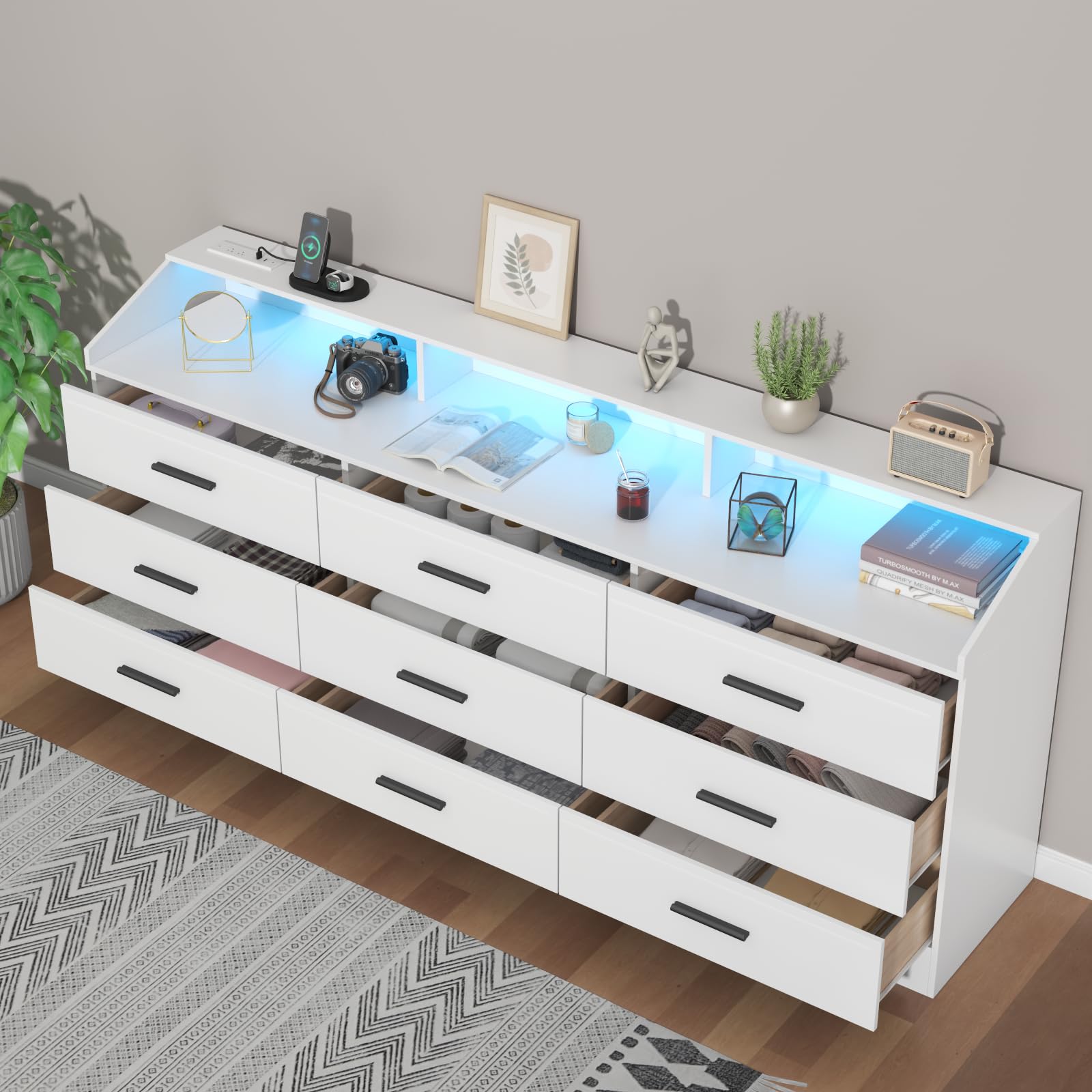 Gyfimoie 9 Drawers Dresser for Bedroom with Power Outlet, Chest of Drawers with LED Light, Modern Dressers with Open Storage Cubby, Triple Wide Dressers Organizer for Living Room (Black-)
