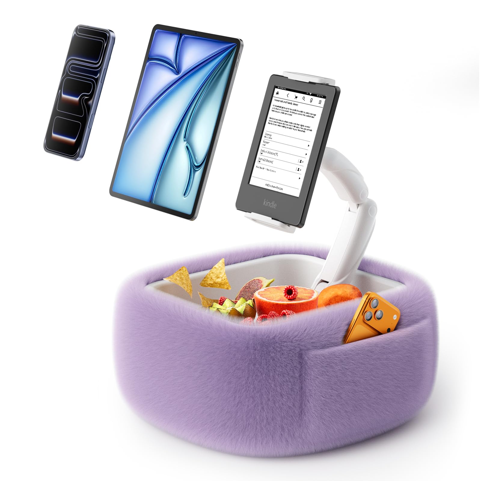 LULULOOK Tablet Pillow Stand, Compatible with iPad, iPhone and 4.7-14.6”Tablet, 360° Adjustable Kindle Pillow Stand for Bed with Ultra Fluffy Fabric & Snack Bowl (Cloudy White)