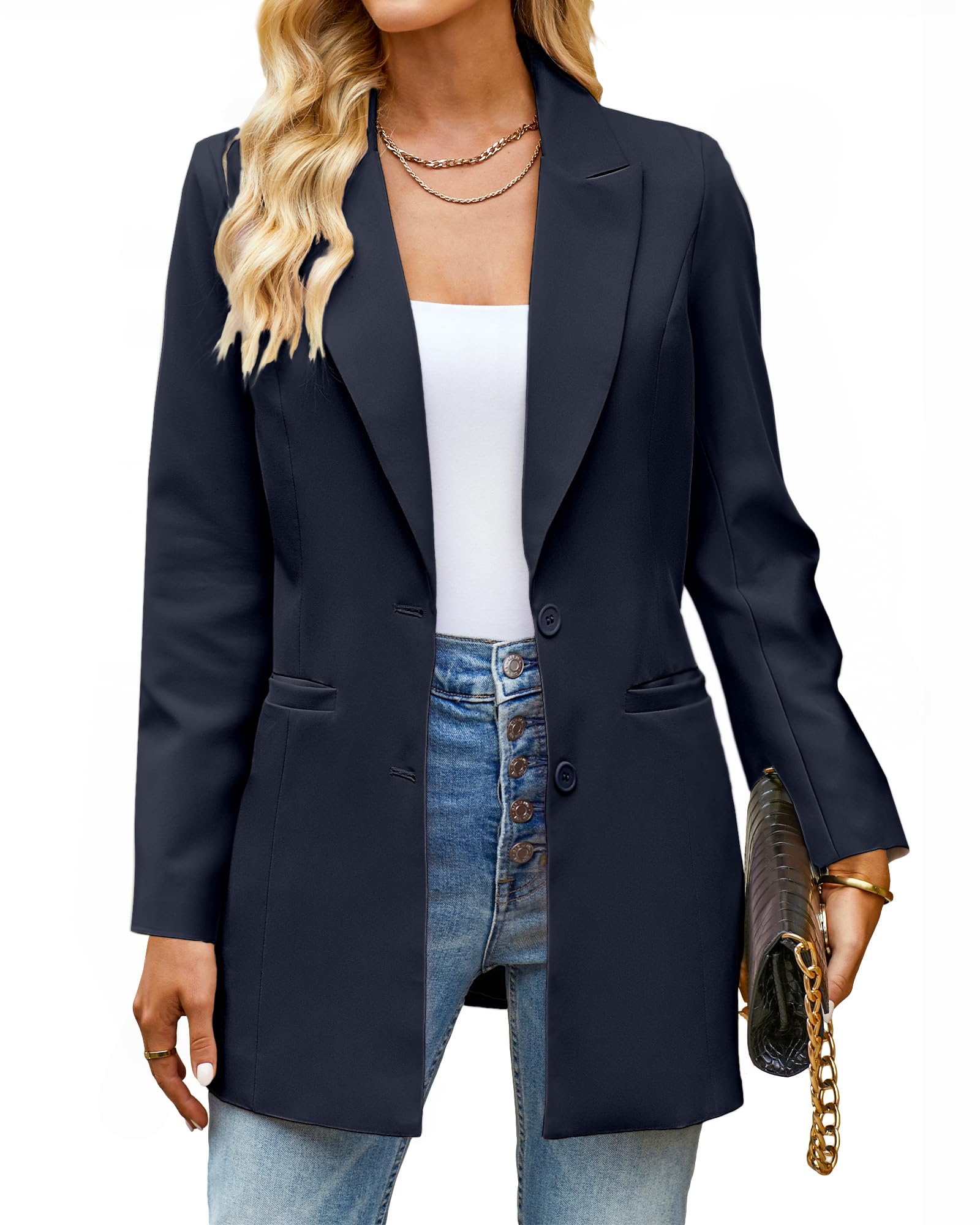 luvamia Blazers for Women Business Casual Long Blazer Jackets Dressy Work Professional Office Outfits Lapel Pockets