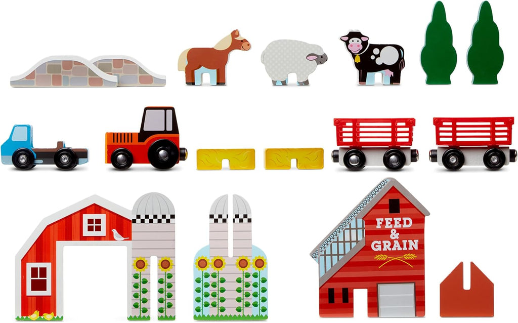 Melissa & Doug 17-Piece Wooden Take-Along Tabletop Farm, 4 Farm Vehicles, Play Pieces, Barn, Grain House Take-Along Pretend Play Toy Barn Toys for Toddlers Ages 1+