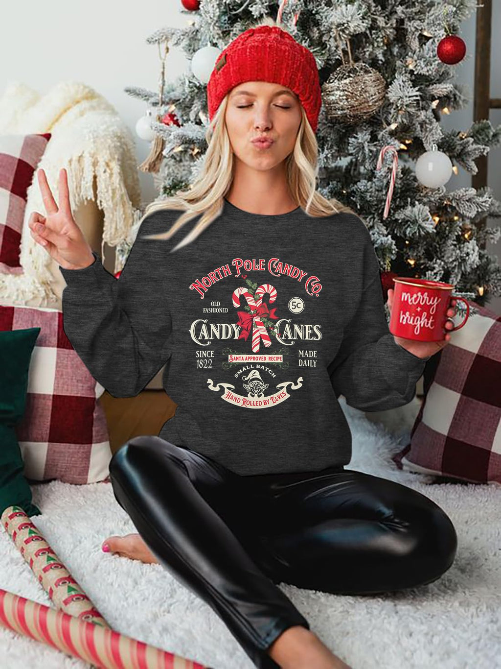 Christmas Sweatshirts Women Candy Canes Graphic Sweatshirt Vintage Xmas Long Sleeve Shirt Pullover Tops