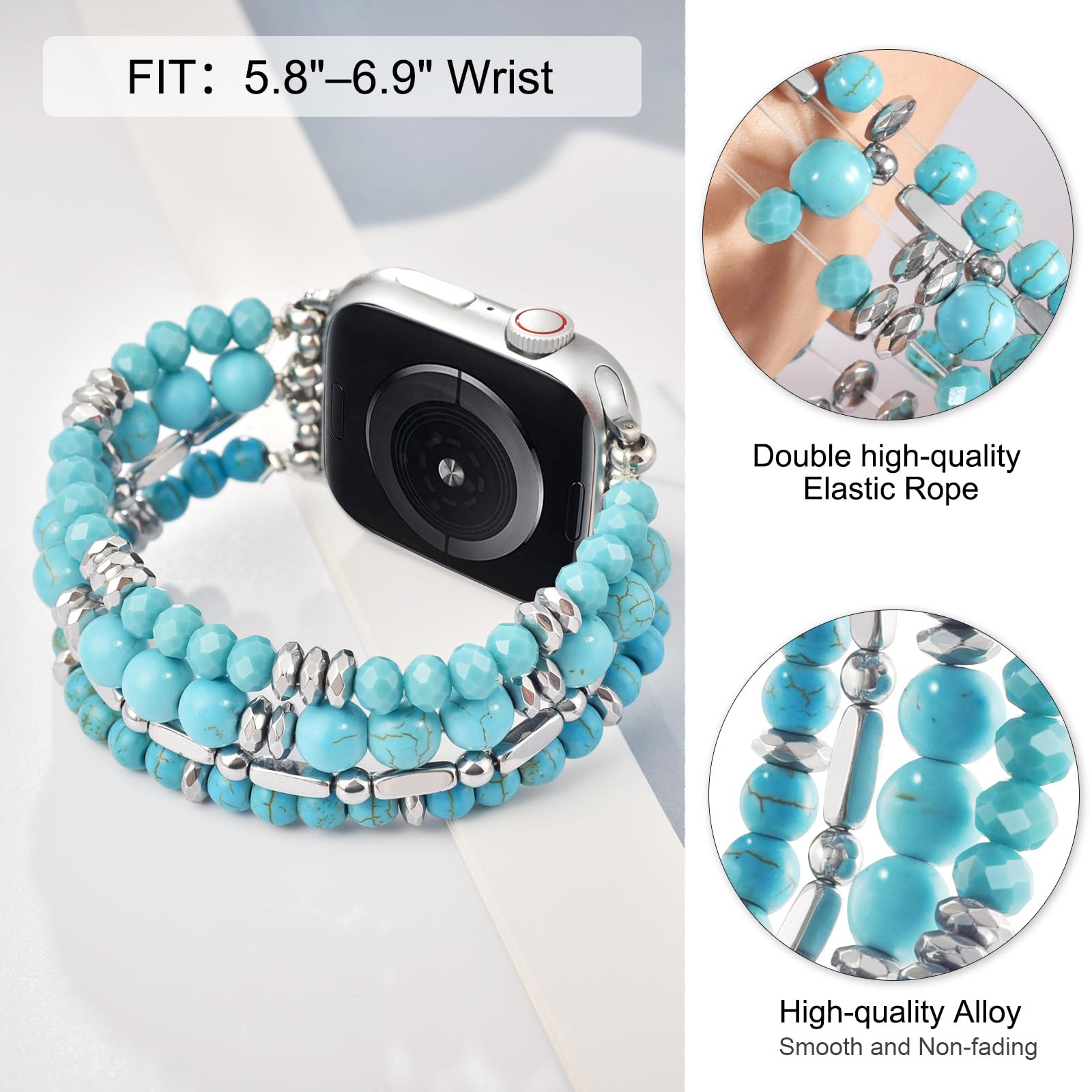 VISOOM Beaded Boho Bracelet Compatible for Apple Watch Band 40mm/38mm/41mm/42mm Series 11 10 9 8 7 SE Series 6/5/4 Women Fashion Cute Handmade Crystal Beads Stretchy Watch Strap for iWatch Bands 3/2/1