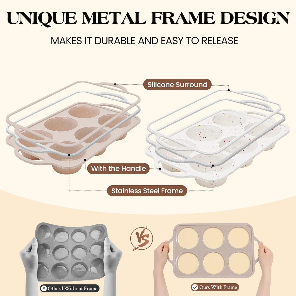 Vinino Silicone Muffin Pans for Baking with Metal Reinforced Frame, 12 Cups Regular Size Nonstick Brown Silicone Cupcake Pan, BPA Free Oven Dishwasher Safe Baking Mold for Muffins Cupcakes