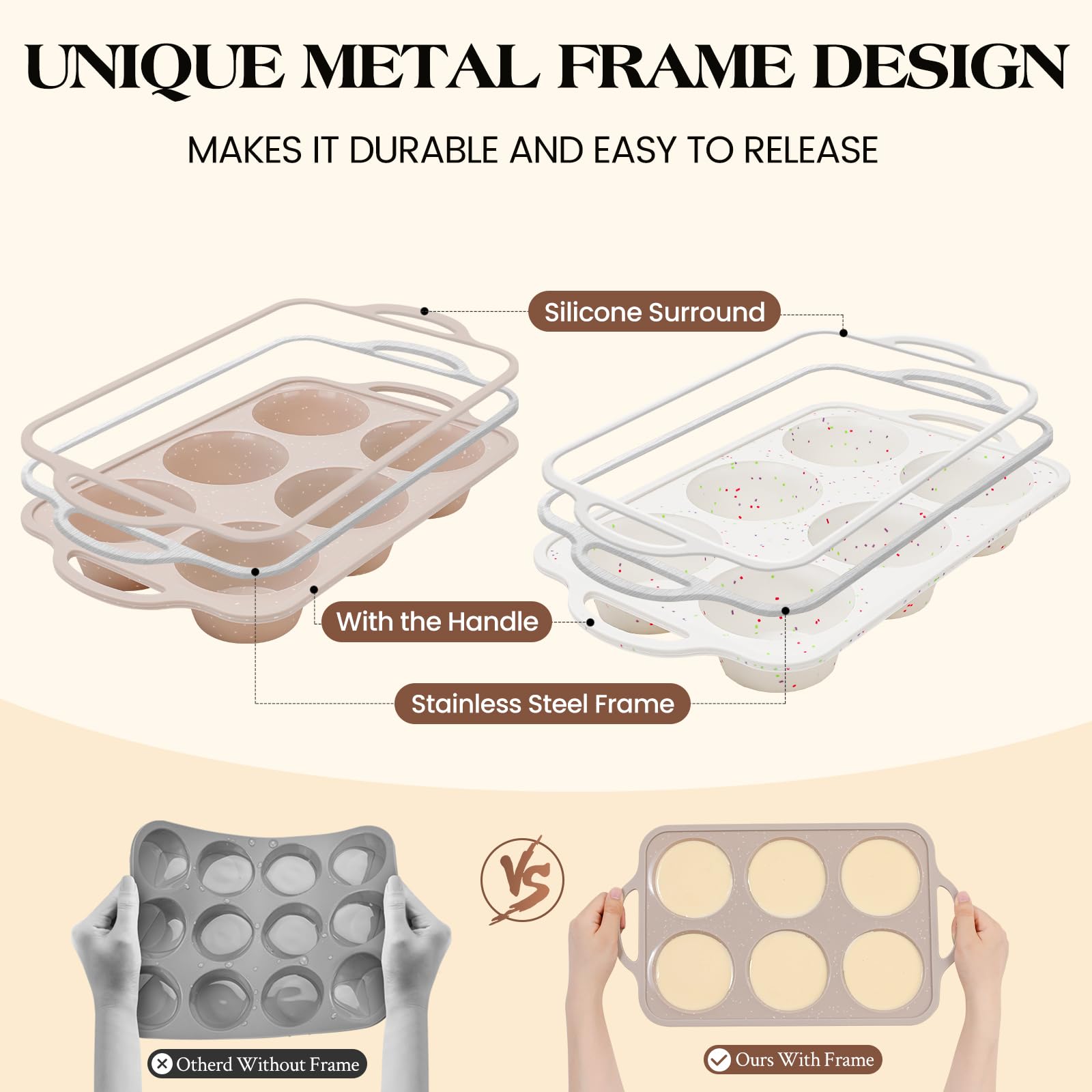Vinino Silicone Muffin Pans for Baking with Metal Reinforced Frame, 12 Cups Regular Size Nonstick Brown Silicone Cupcake Pan, BPA Free Oven Dishwasher Safe Baking Mold for Muffins Cupcakes