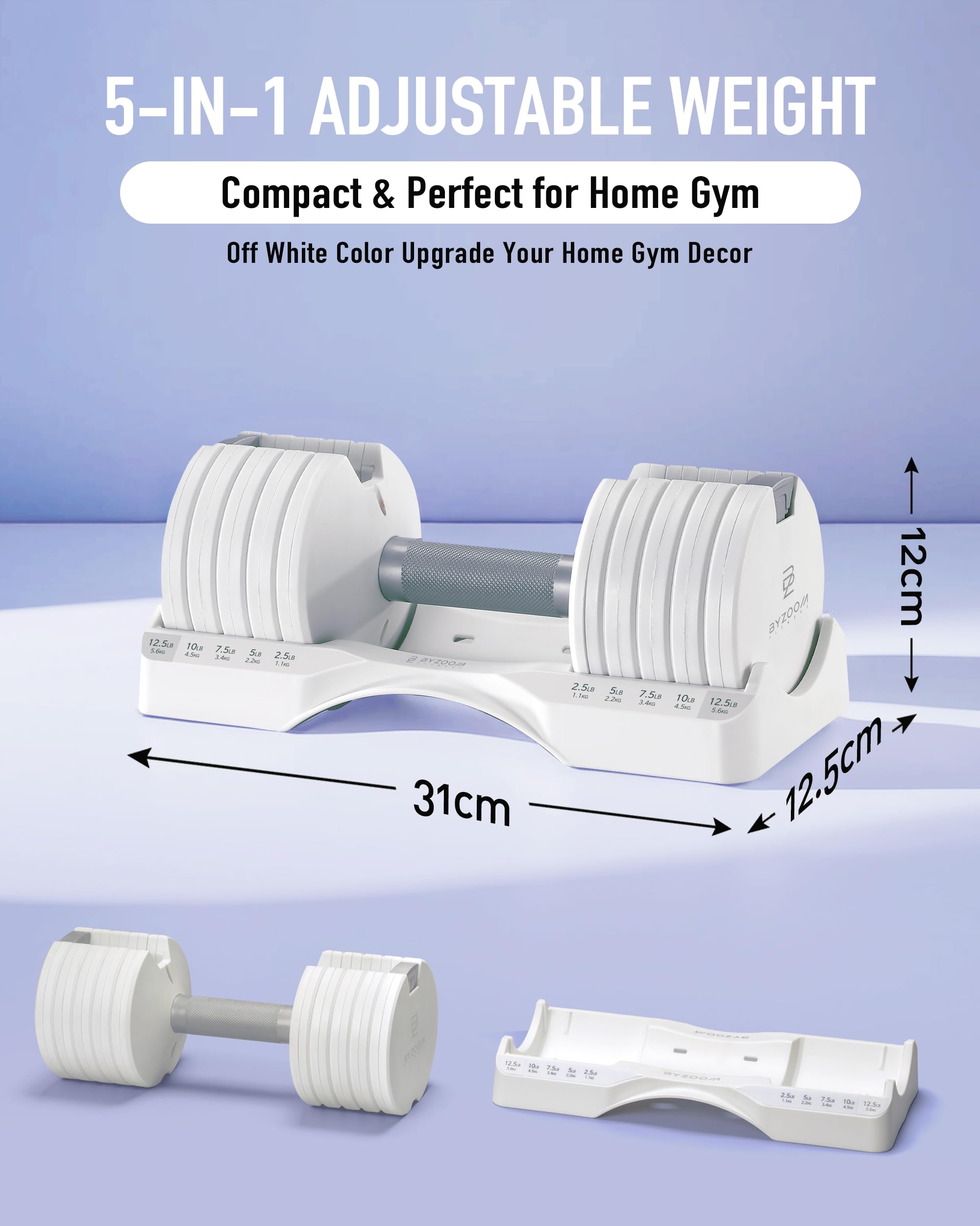 BYZOOM FITNESS Pure Series Adjustable Dumbbell - 12.5/25/27.5/50/55/75lb - ONE UNIT OR PAIR(check QTY before purchase) - 5-in-1/ 10-in-1 / 15-in-1 / 21-in-1 Flexible Hand Weights for Home Apartment Garage Gym, Strength Training & Fitness Workouts, White O
