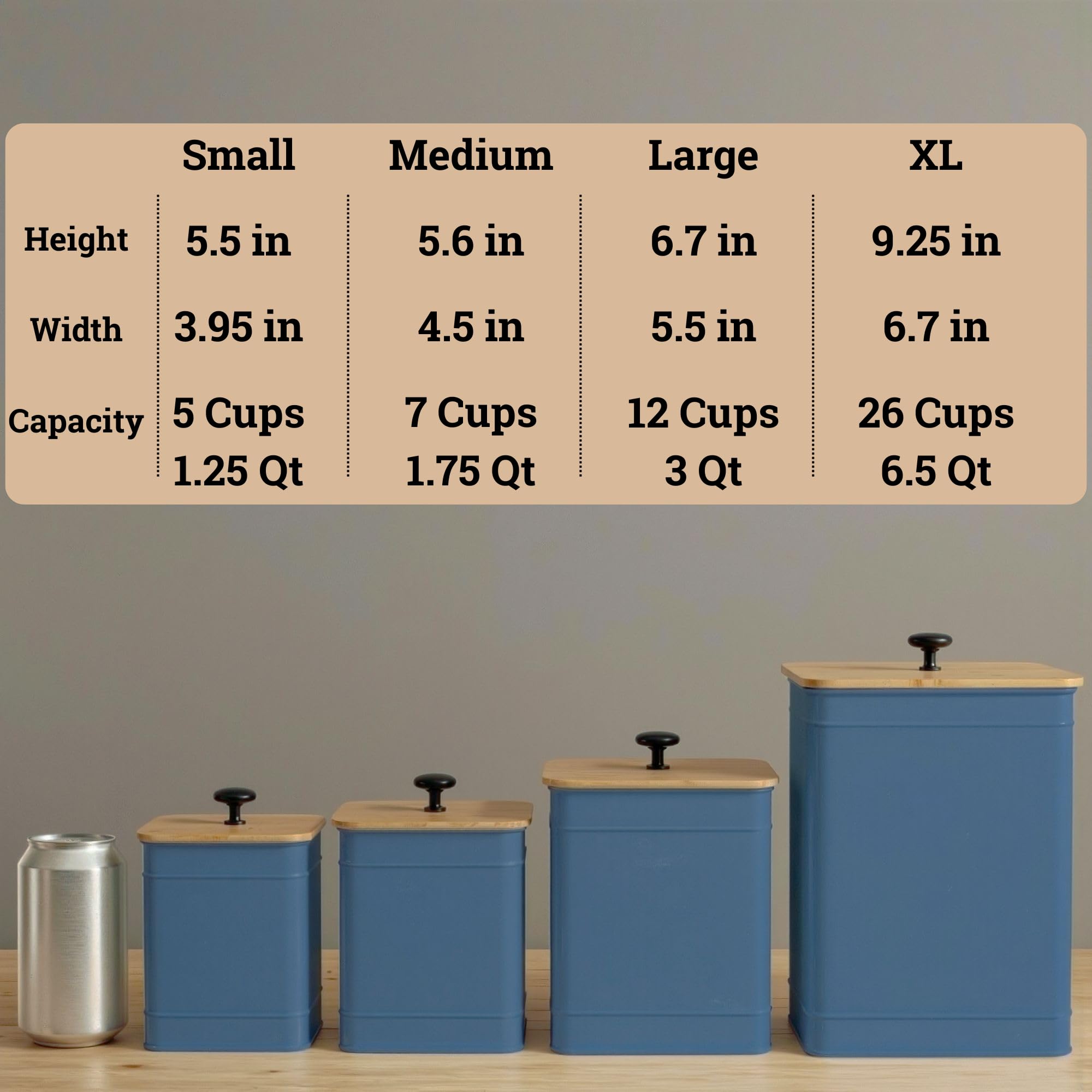 Kitchen Canisters for Countertop Set of 4 w/ Chalkboard Labels & Marker Pen | Airtight Easy Open Bamboo Lids, Dent-Resistant Thick Metal, Customizable Chalkboard Labels, Marker Pen Included, Set of 4