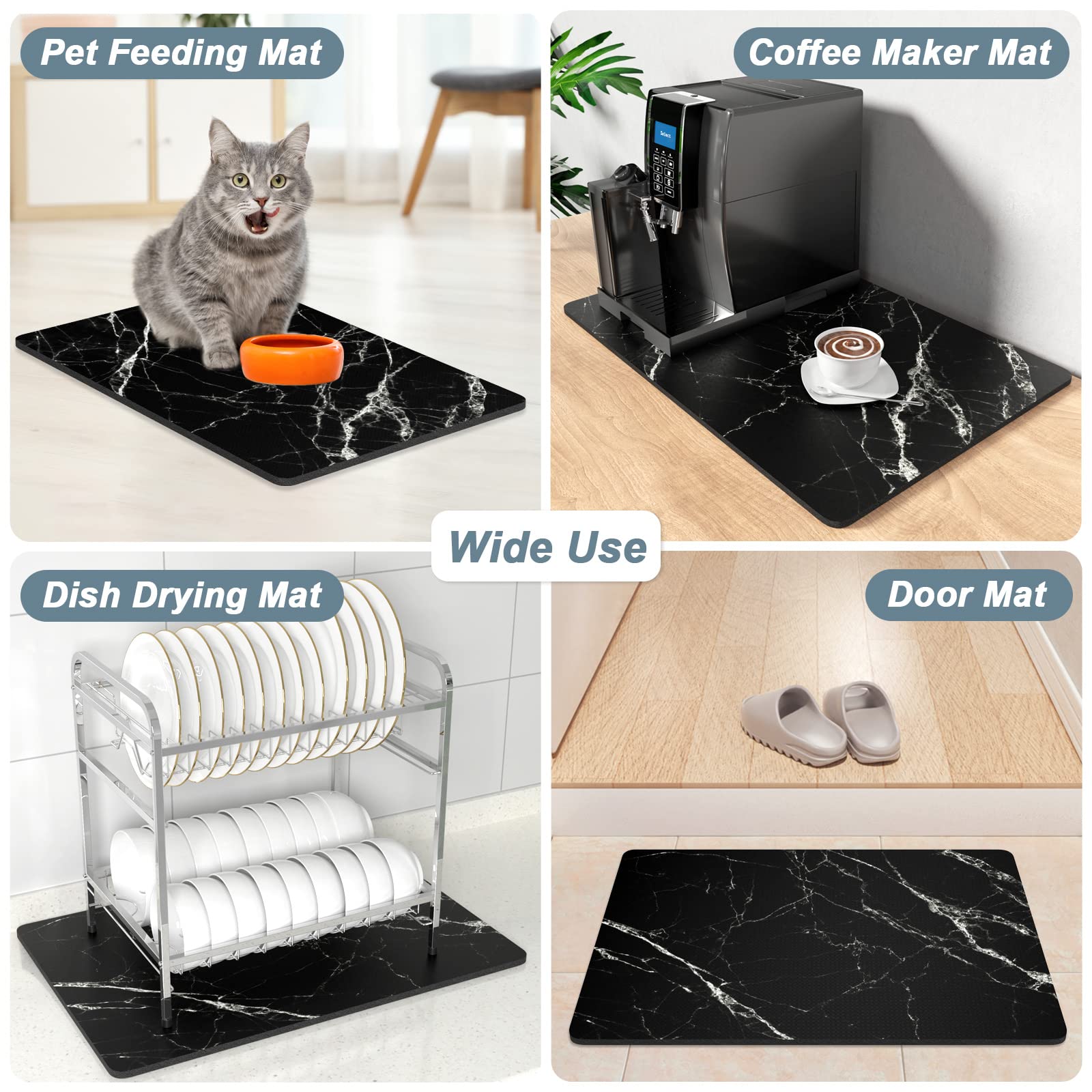Rnivvi Coffee Mat, 12" x 19" Coffee Bar Mats for Espresso Machine Station Accessories and Organizer, Hide Stain Rubber Backed Absorbent Dish Drying Pad for Kitchen Counter, Cute Bar Decor Pad, Black