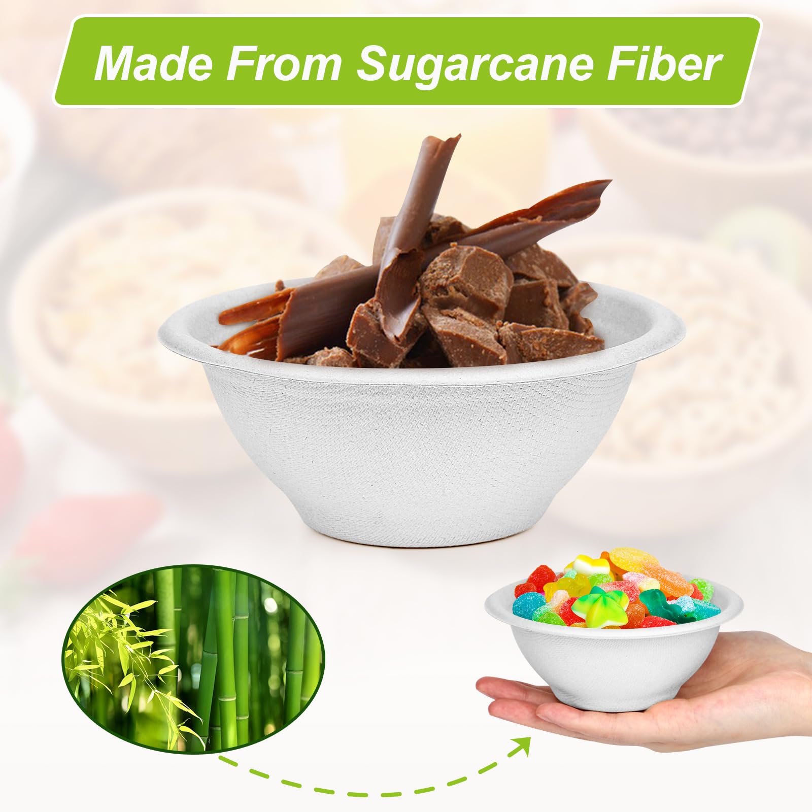 4 oz Small Paper Bowls, 100 Pack Compostable Bagasse Fiber Bowls, Microwavable for Condiments, Sauce, Ice Cream