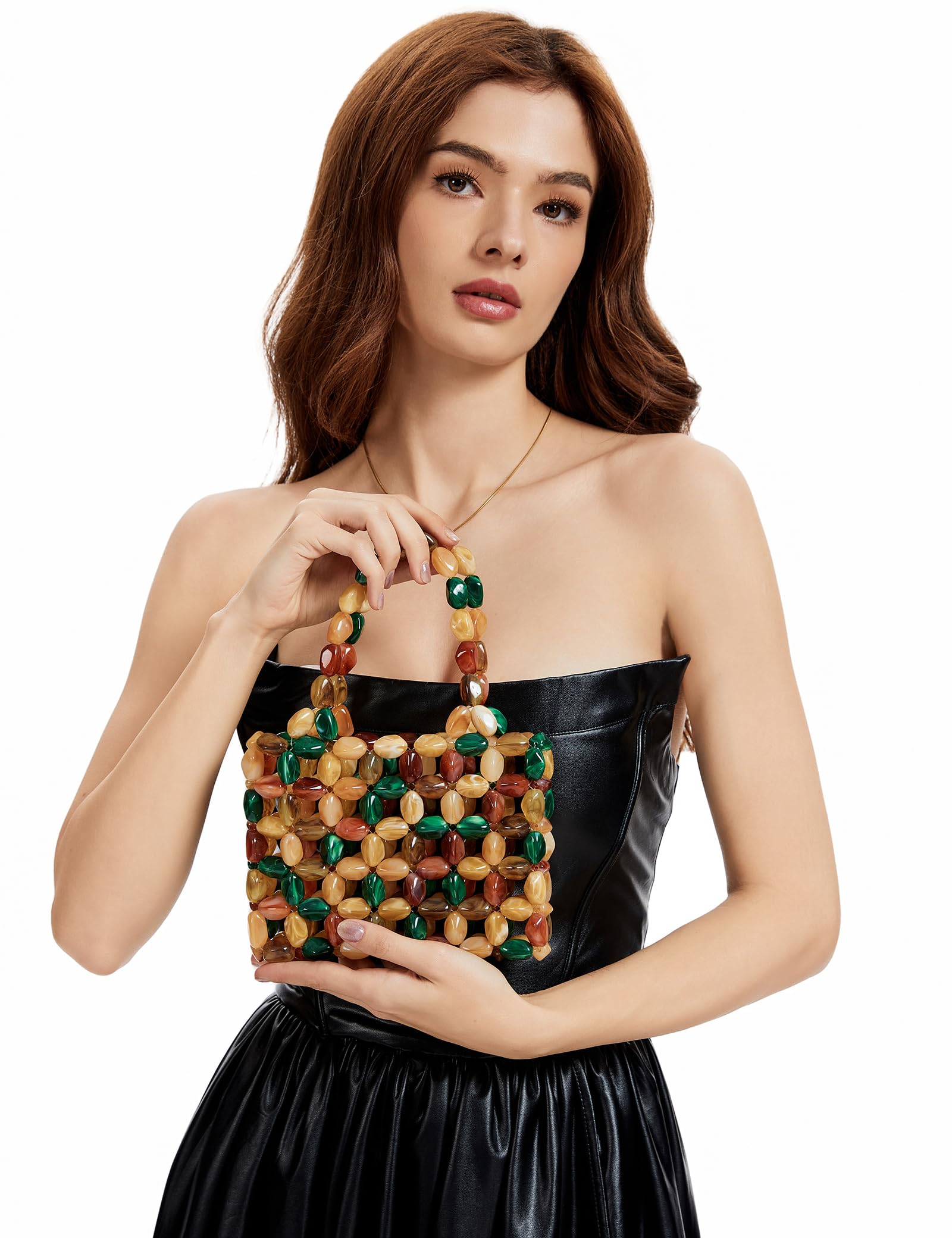 Miuco Women Multicolor Stone look Acrylic Beaded Handbag Handmade Woven Tote Bag Vintage Boho Beach Clutch for Wedding Party