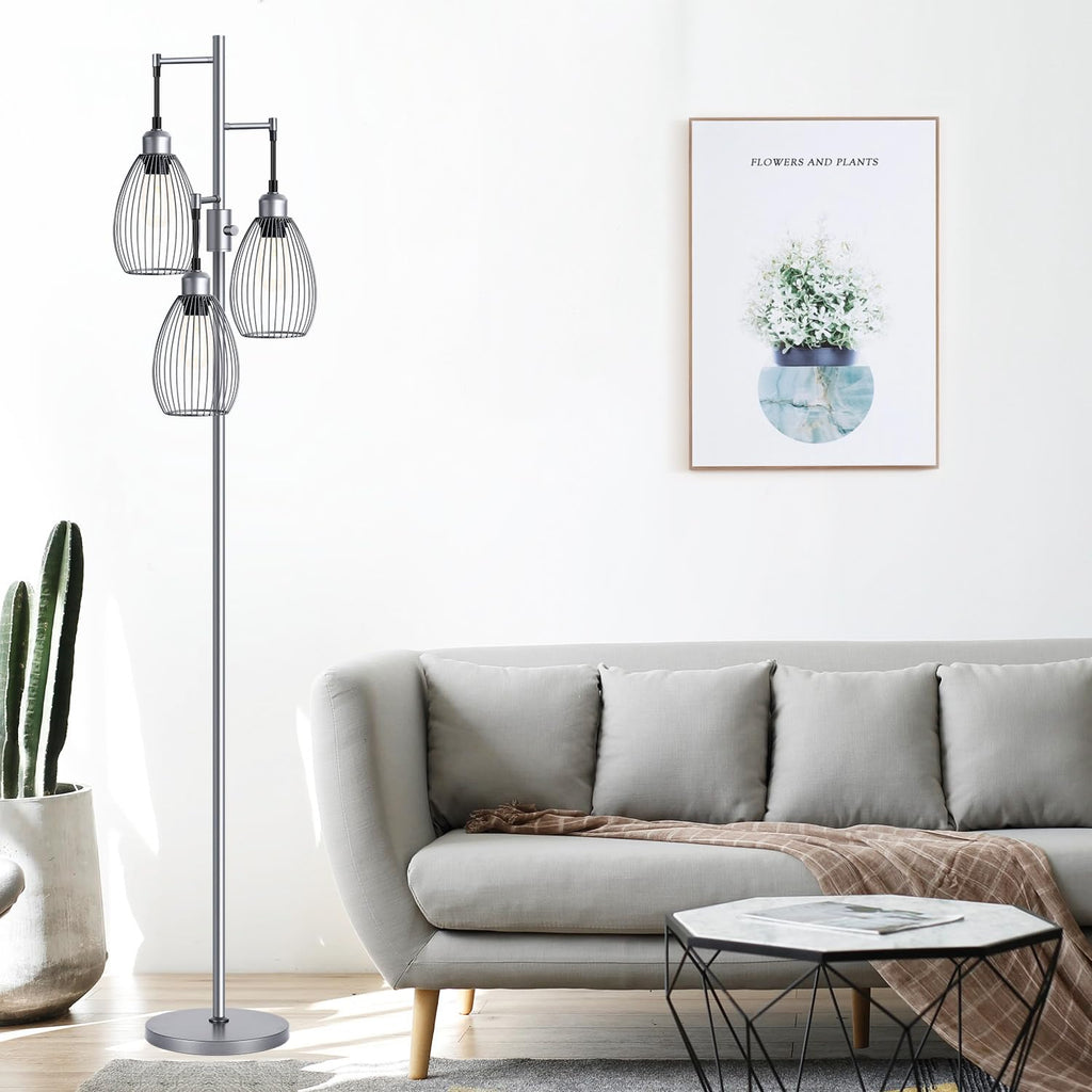 Dimmable Floor Lamp, 3 x 800LM LED Edison Bulbs Included, Farmhouse Industrial Floor Lamp Standing Tree Lamp with Elegant Teardrop Cage Tall Lamps for Living Room Bedroom Office Dining Room-Brass
