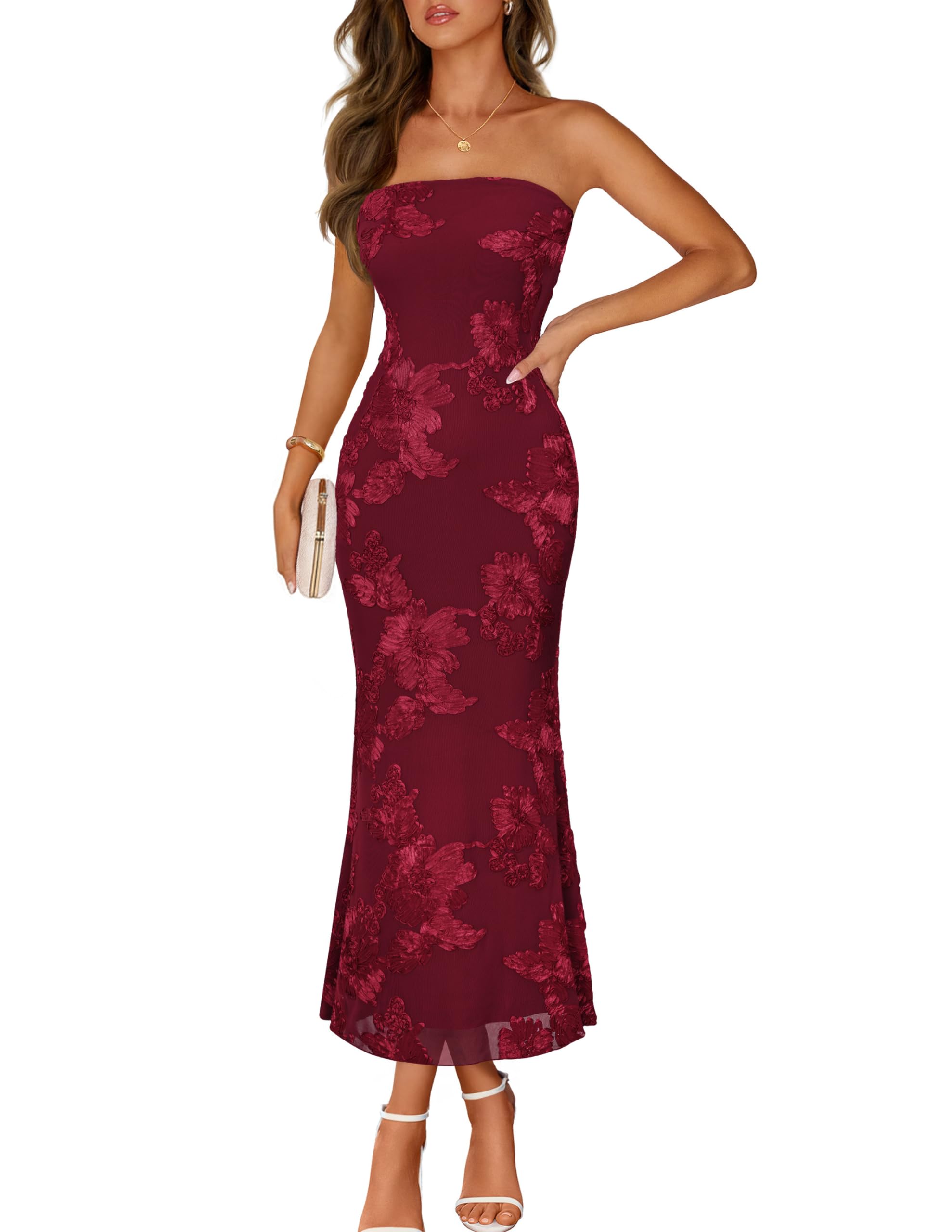 MEROKEETY Women's Floral Strapless Maxi Dress 2026 Summer Mesh Tube Bodycon Formal Wedding Guest Cocktail Party Long Dresses