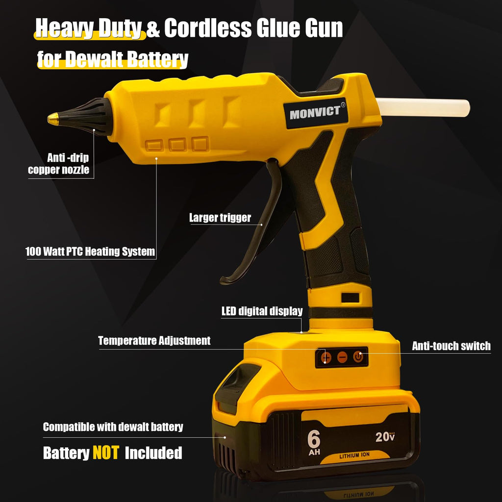 MONVICT Cordless Glue Gun for Dewalt 20V Battery, Upgraded 100W Digital Temperature Adjustable Handheld Electric Power Full Size Heavy Duty Hot Glue Gun with 10 Glue Sticks (Battery Not Included)