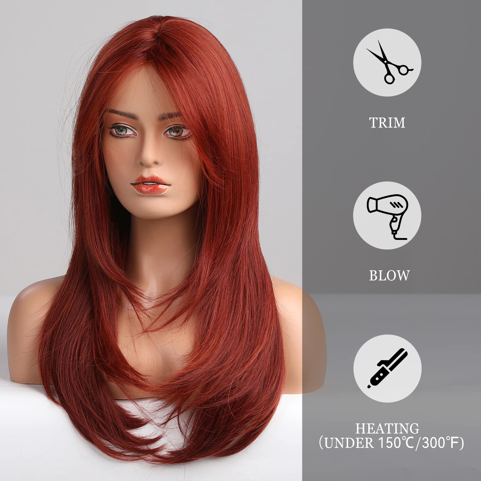 HAIRCUBE Auburn Wigs for Women,Long Layered Orange Wigs with Bangs Heat Resistant Synthetic Fibre Wigs(pelucas de cabello natural)