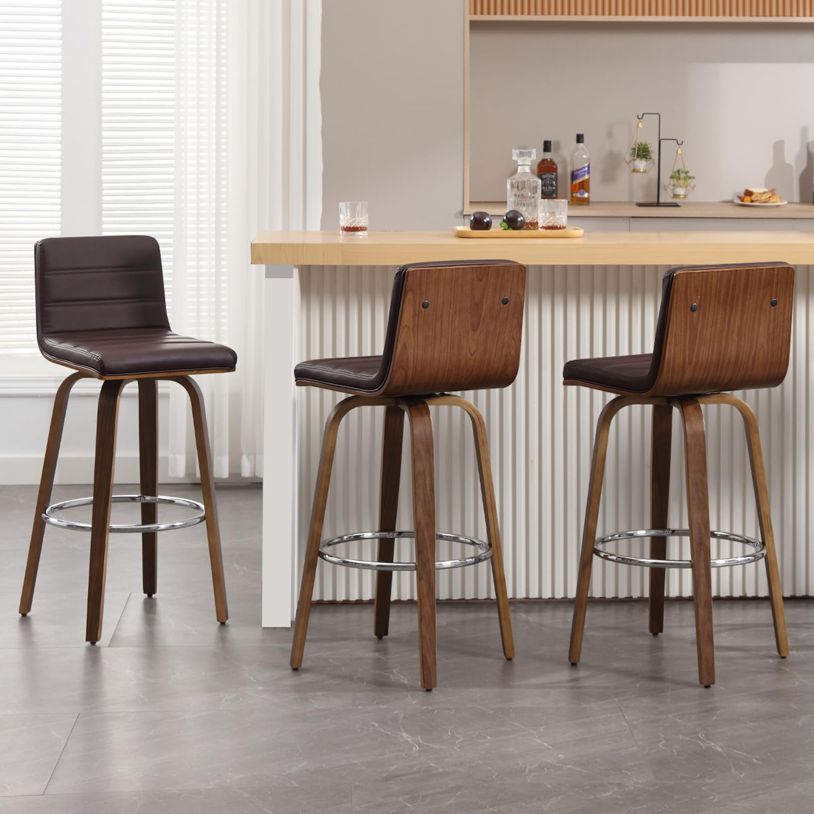 Bar Stools 29 Inch Bar Height, Swivel Bar Stools with Backs Upholstered PU Leather Barstool, L Shape Back and Padded Seat, Mid-Century Modern Bar Stool Pub Chairs for Kitchen Counter Island, Black