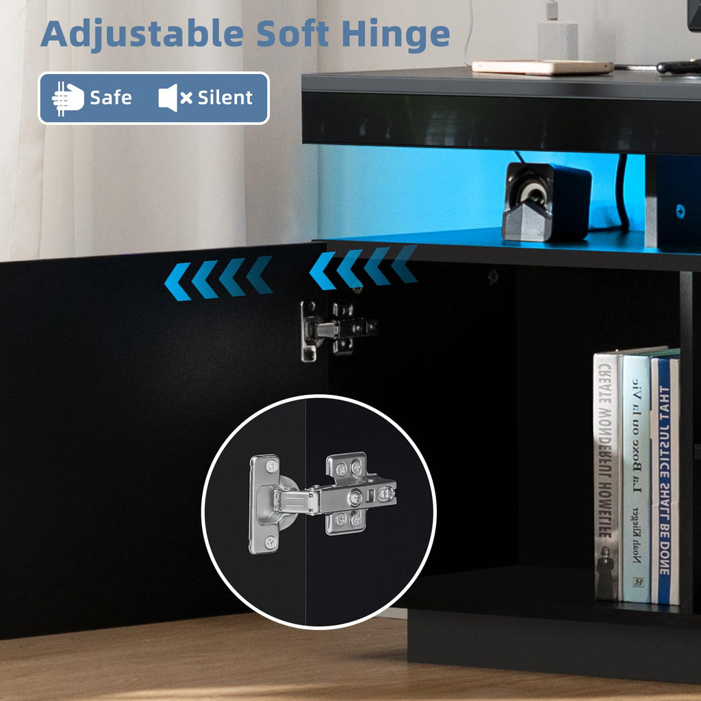 HOMMPA Modern LED TV Stand for 55 Inch TV, Black Tall TV Console with Power Outlet, Entertainment Center with Storage, High Gloss Gaming Media Console Cabinet for Living Room (47 Inch)