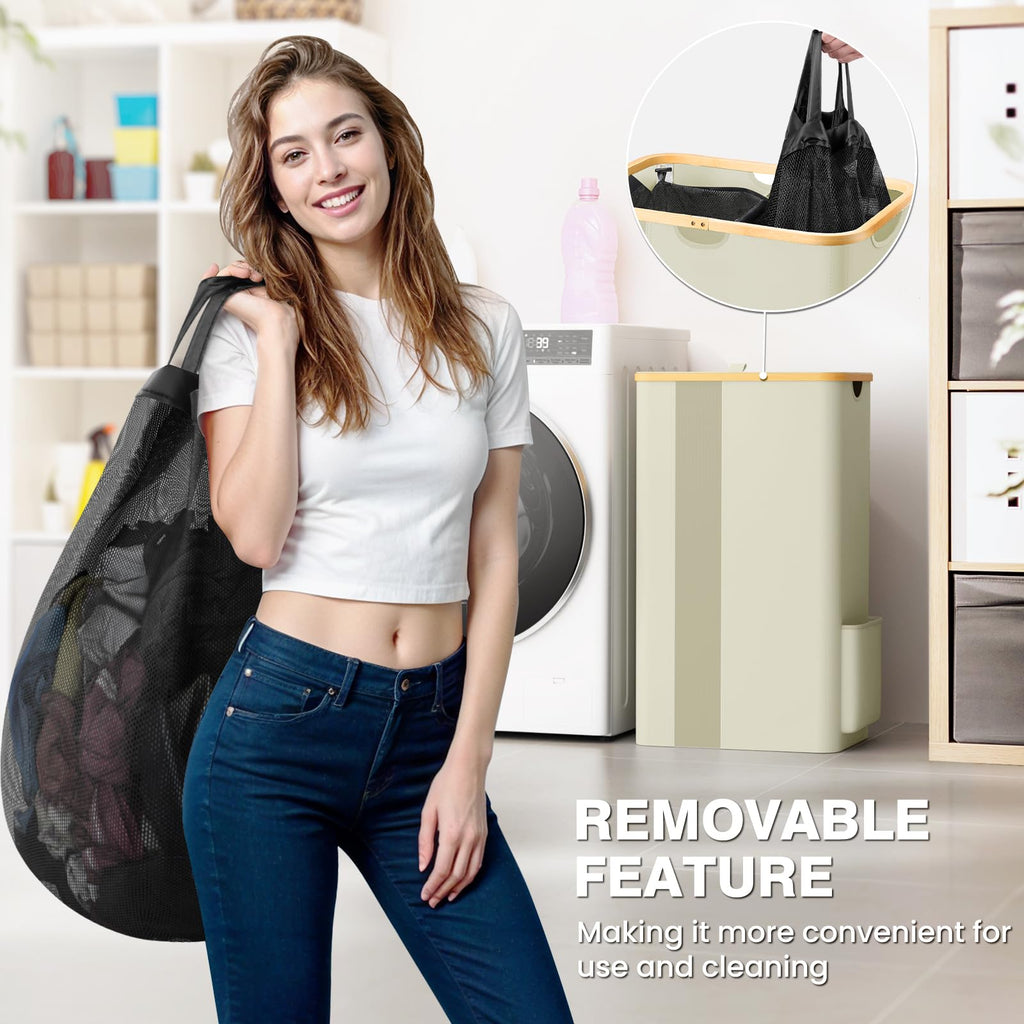 BlissTotes Laundry Basket with Lid, 100L Clothes Laundry Hamper with Handles and Removable Laundry Bag, Breathable Design Hamper with Lid for Bedroom, Bathroom, Dorm, Laundry Room - Beige