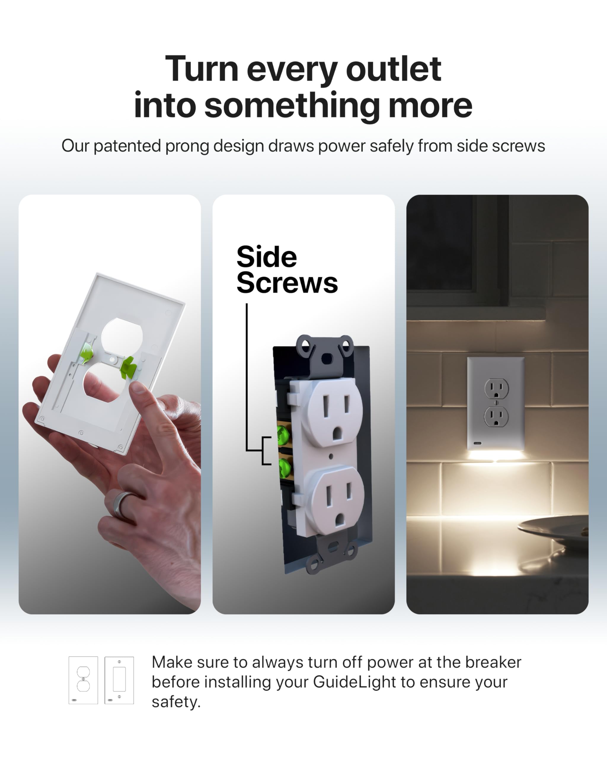 Single - SnapPower GuideLight [For GFCI Outlets] - Replaces Plug-In Night Light - Electrical Receptacle Wall Plate with LED Night Lights - Auto On/Off Sensor - (GFCI, White)