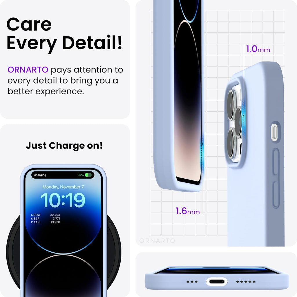 ORNARTO Compatible with iPhone 14 Pro Case 6.1, Slim Liquid Silicone 3 Layers Full Covered Soft Gel Rubber Phone Case Protective Cover with Microfiber Lining 6.1 inch-Baby Blue