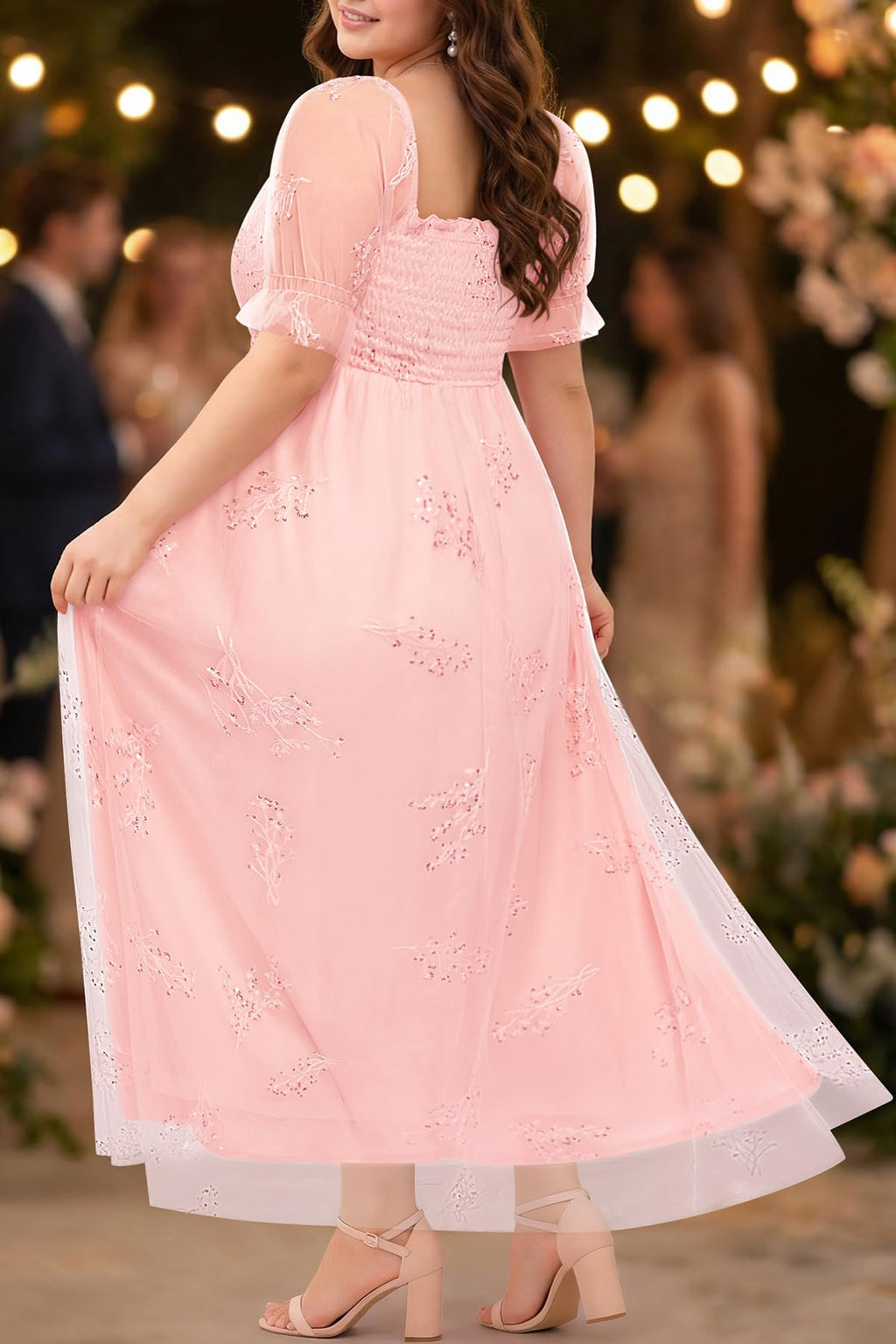 Plus Size Formal Dresses - Bridesmaid Leaf Embroidery with Sequin Tulle Prom Long Dress