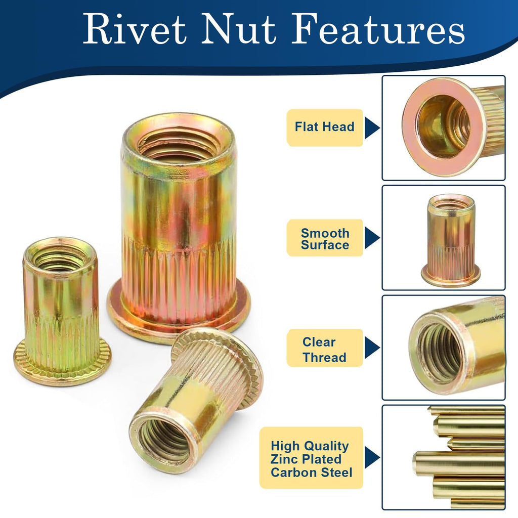 1/2''-13 UNC Rivet Nut, 10Pcs 304 Stainless Steel Flat Head Rivnut Threaded Insert Nutsert