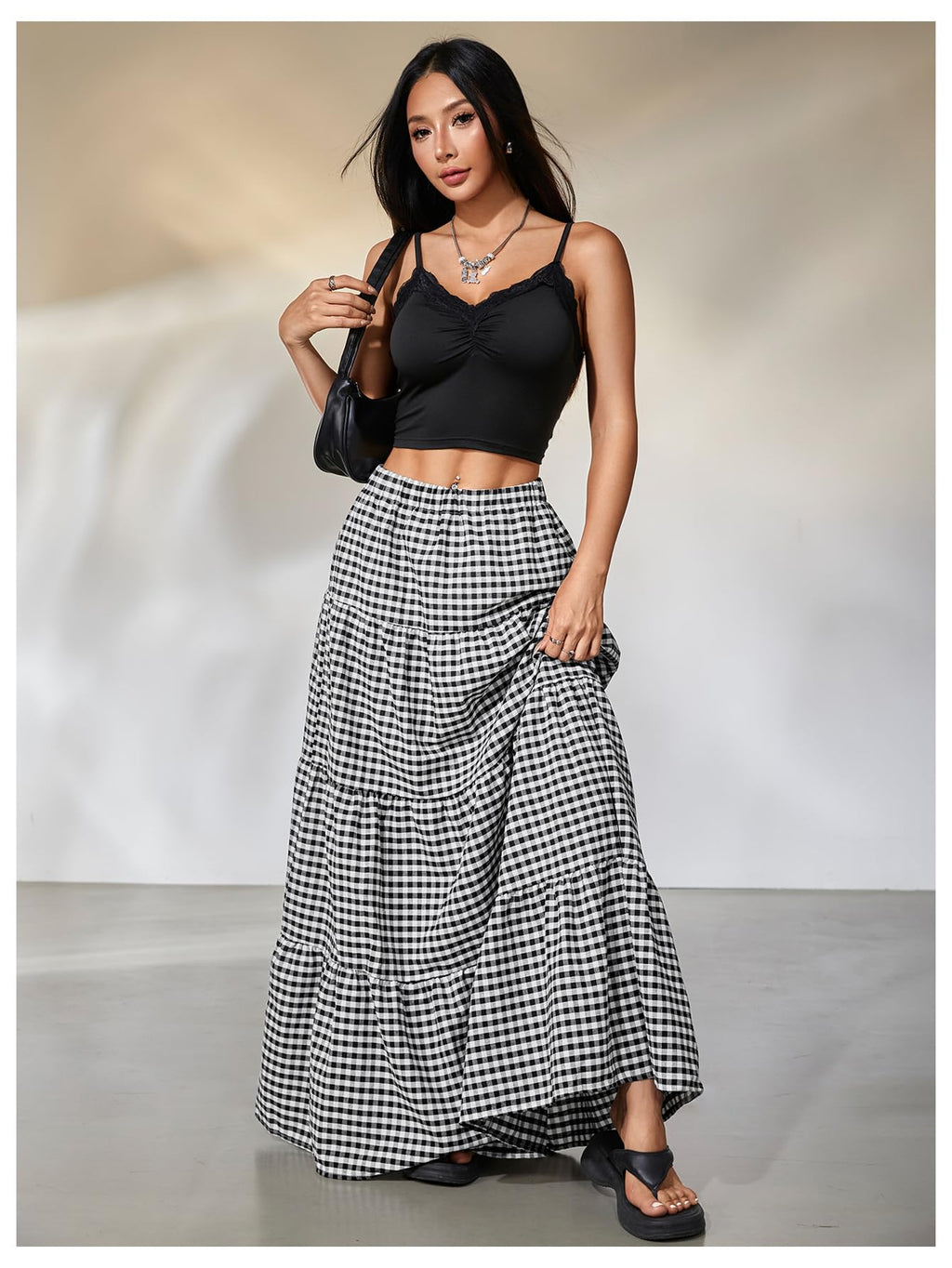 MakeMeChic Women's Plaid Maxi Skirts A Line Ruffle Tiered Layer Y2K Flowy Casual Long Skirts