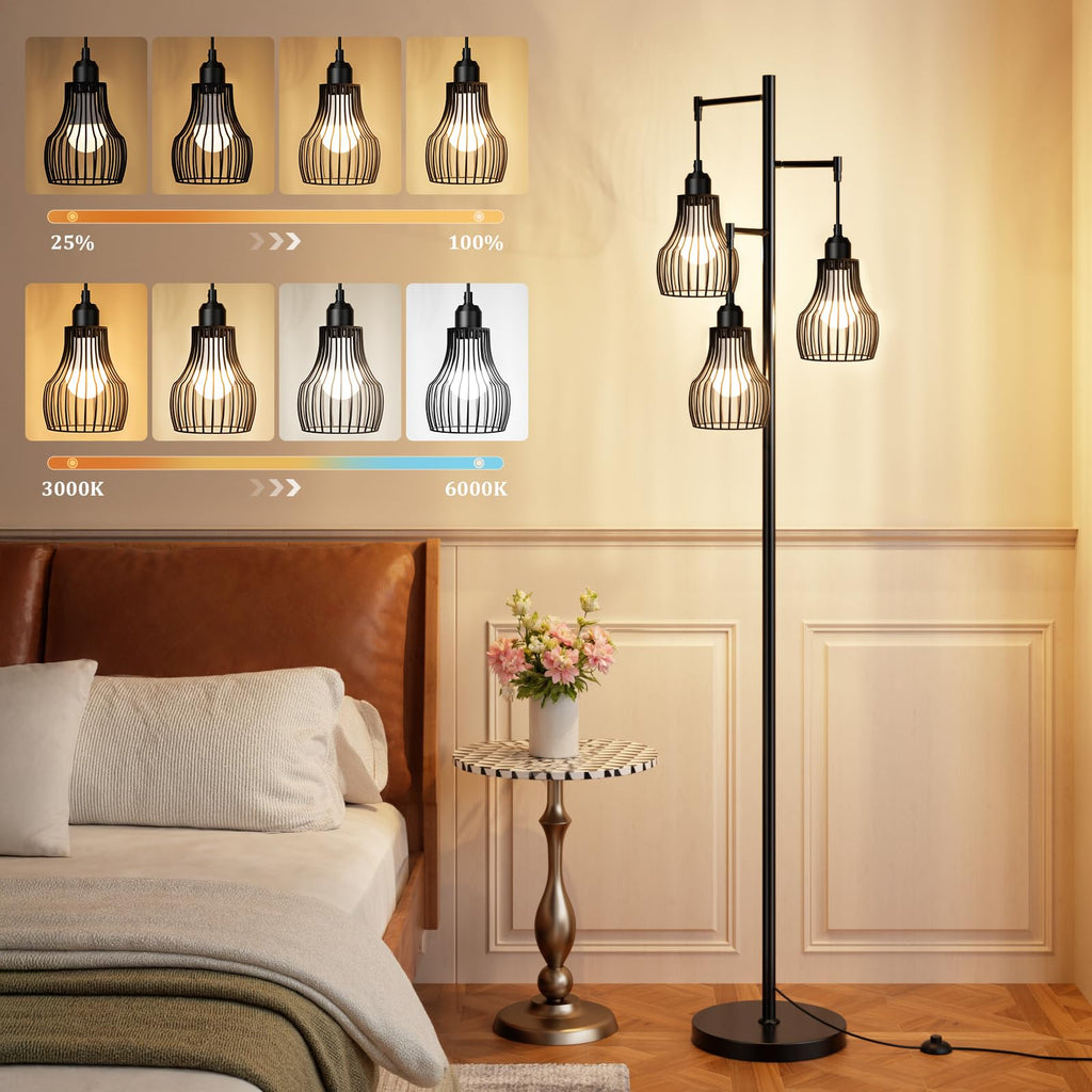 Ziisee Dimmable Floor Lamps for Living Room, Industrial Tree Standing Tall Lamps with 3 Elegant Cage Shade & 800 Lumens LED Bulbs for Bedroom Office - Brown