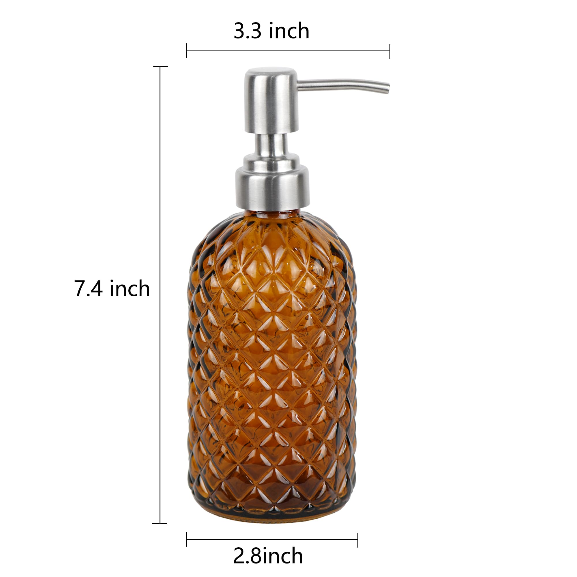 16 oz Diamond Pattern Glass Soap Dispenser, Kitchen and Bathroom Refillable Soap Dispenser with Rust Resistant Stainless Steel Pump for Hand Soap, Lotion Glass Liquid Dispenser(Amber)