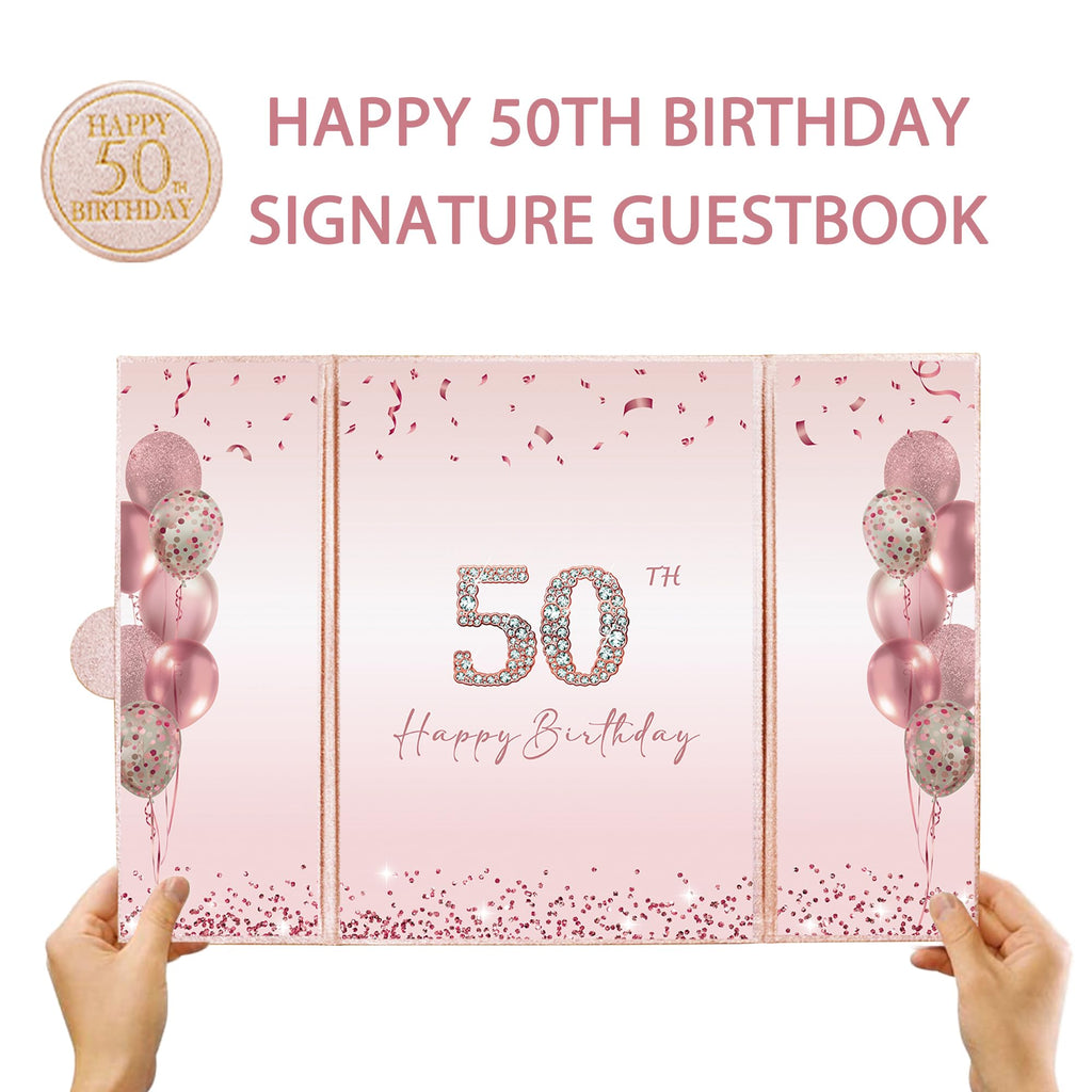 DARUNAXY Rose Gold 50th Birthday Party Decorations for Women, Happy 50th Birthday Alternative Signature Guest Book Black Pink 50 Birthday Signing Card Board Party Supplies Cheers to 50 Years Old Gift