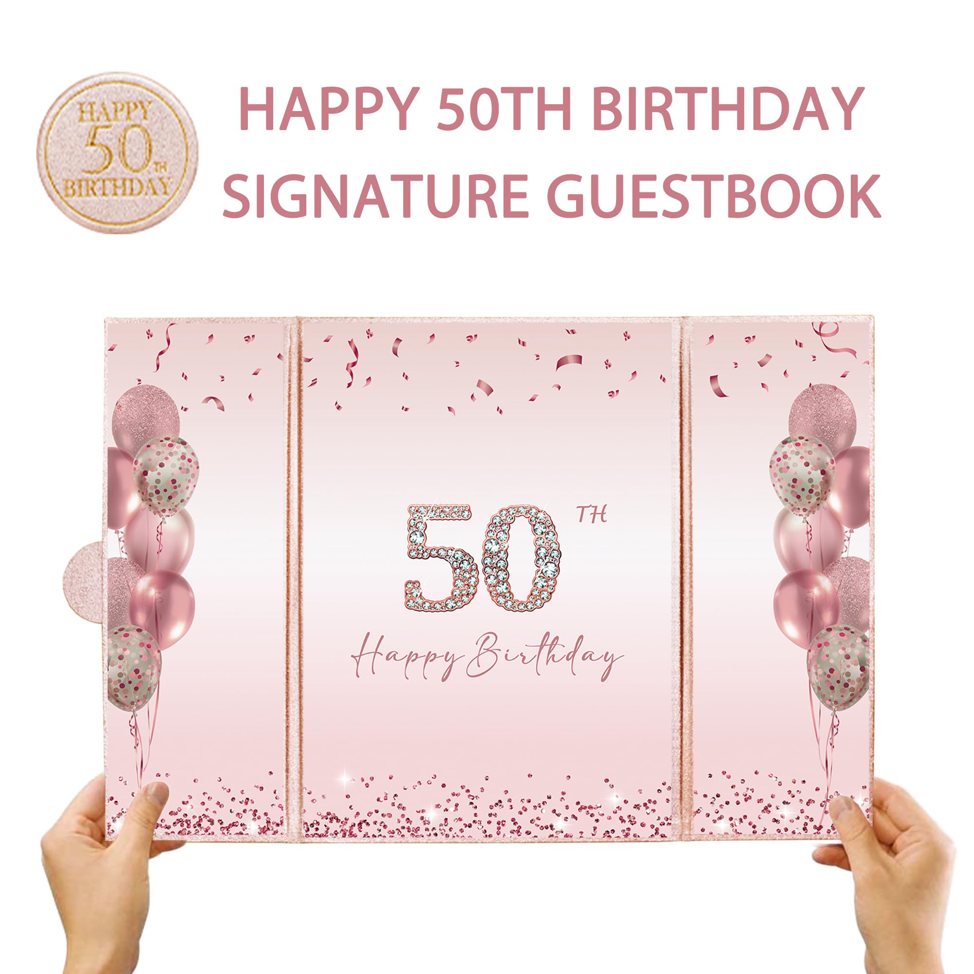 DARUNAXY Rose Gold 50th Birthday Party Decorations for Women, Happy 50th Birthday Alternative Signature Guest Book Black Pink 50 Birthday Signing Card Board Party Supplies Cheers to 50 Years Old Gift