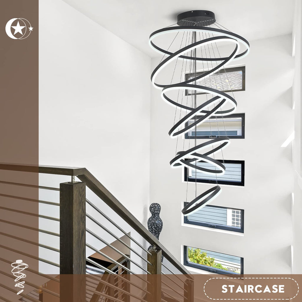5-Rings Modern LED Chandelier Black Dimmable High Ceiling Chandelier for Dining Room with Remote Control for Foyer Living Room Entryway Staircase(D23.6’’, 3000K-6500K)