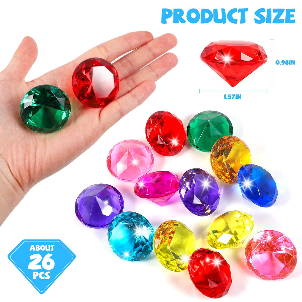 Niceup 26PCS Blue Fake Diamonds Gem Toys, 1.5in Pool Diving Gems Acrylic Plastic Gemstones for Kids, Party Décor Jewels Treasure Hunt Hiding Sensory Bin Filler Toys Craft Supplies