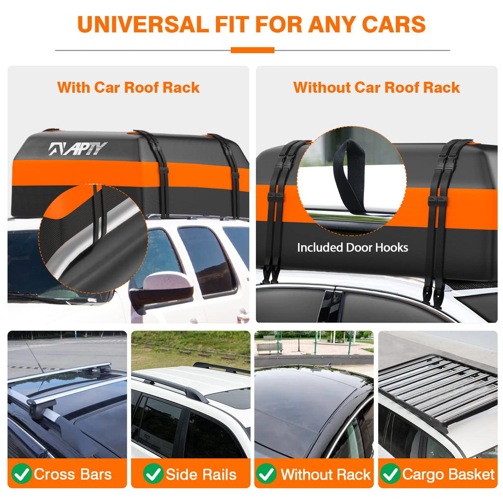 APTY Car Rooftop Cargo Carrier Bag, 16 Cubic Feet Soft Roof Top Luggage Bag for All Vechicles with/Without Racks - with Waterproof Zip, Anti-Slip Mat, Door Hooks, Luggage Lock, Storage Bag