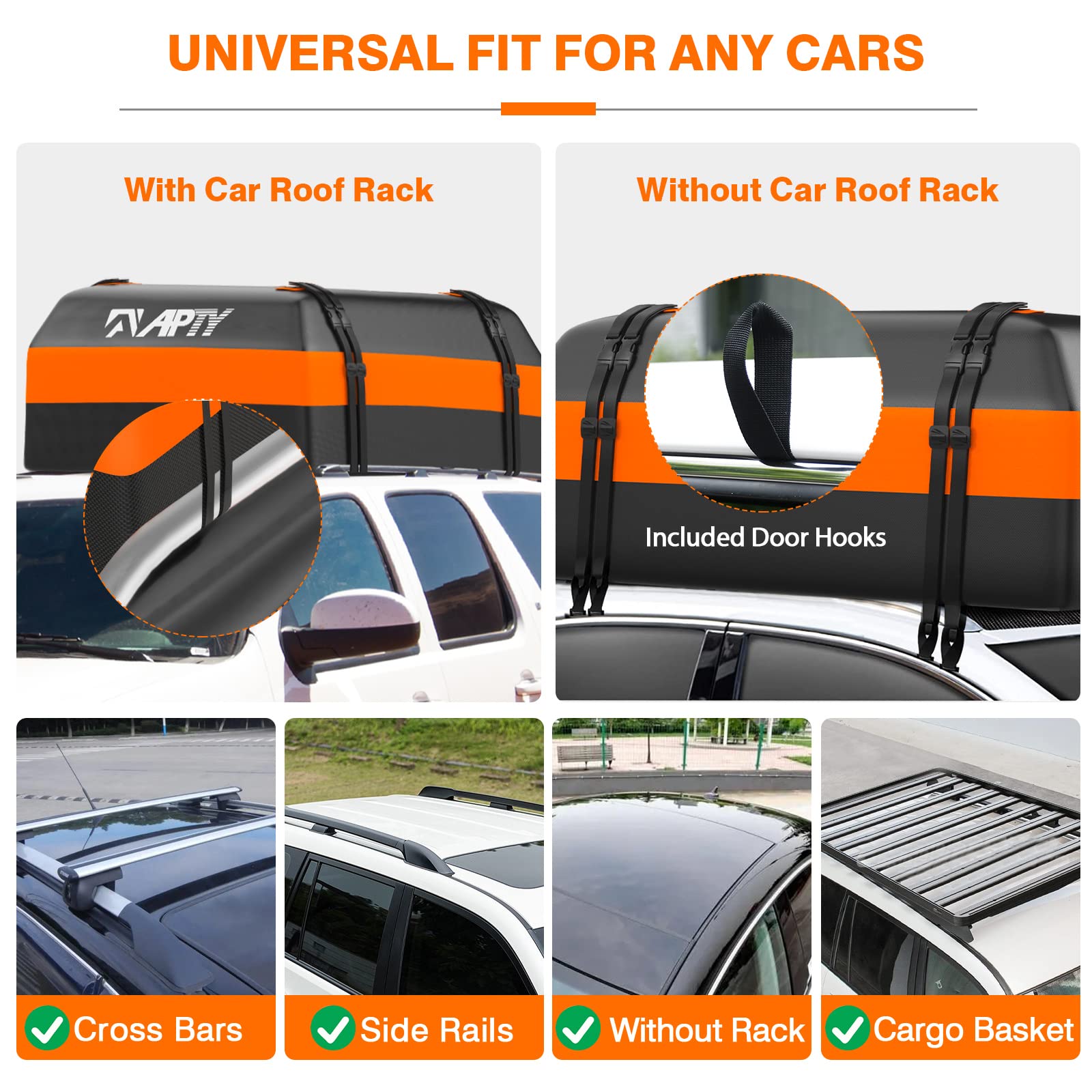 APTY Car Rooftop Cargo Carrier Bag, 16 Cubic Feet Soft Roof Top Luggage Bag for All Vechicles with/Without Racks - with Waterproof Zip, Anti-Slip Mat, Door Hooks, Luggage Lock, Storage Bag