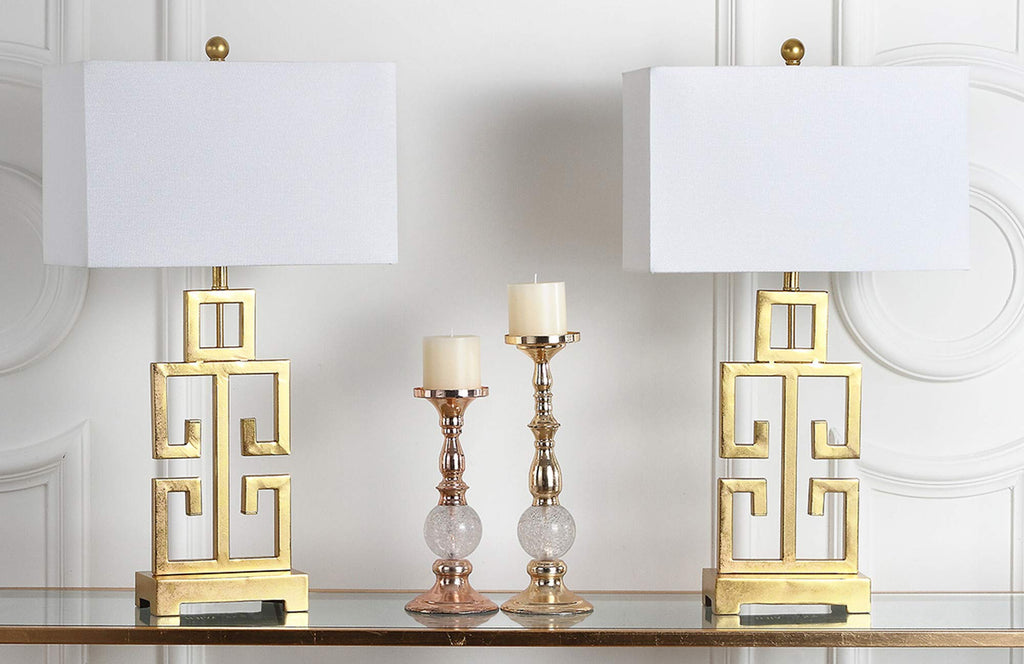 SAFAVIEH Lighting Collection – Greek Key Table Lamp Set of 2 – Antique Gold Metal Base with White Fabric Shade, LED Bulbs Included, 29-Inch Bedroom Living Room Desk Lamps (LIT4305A-SET2)