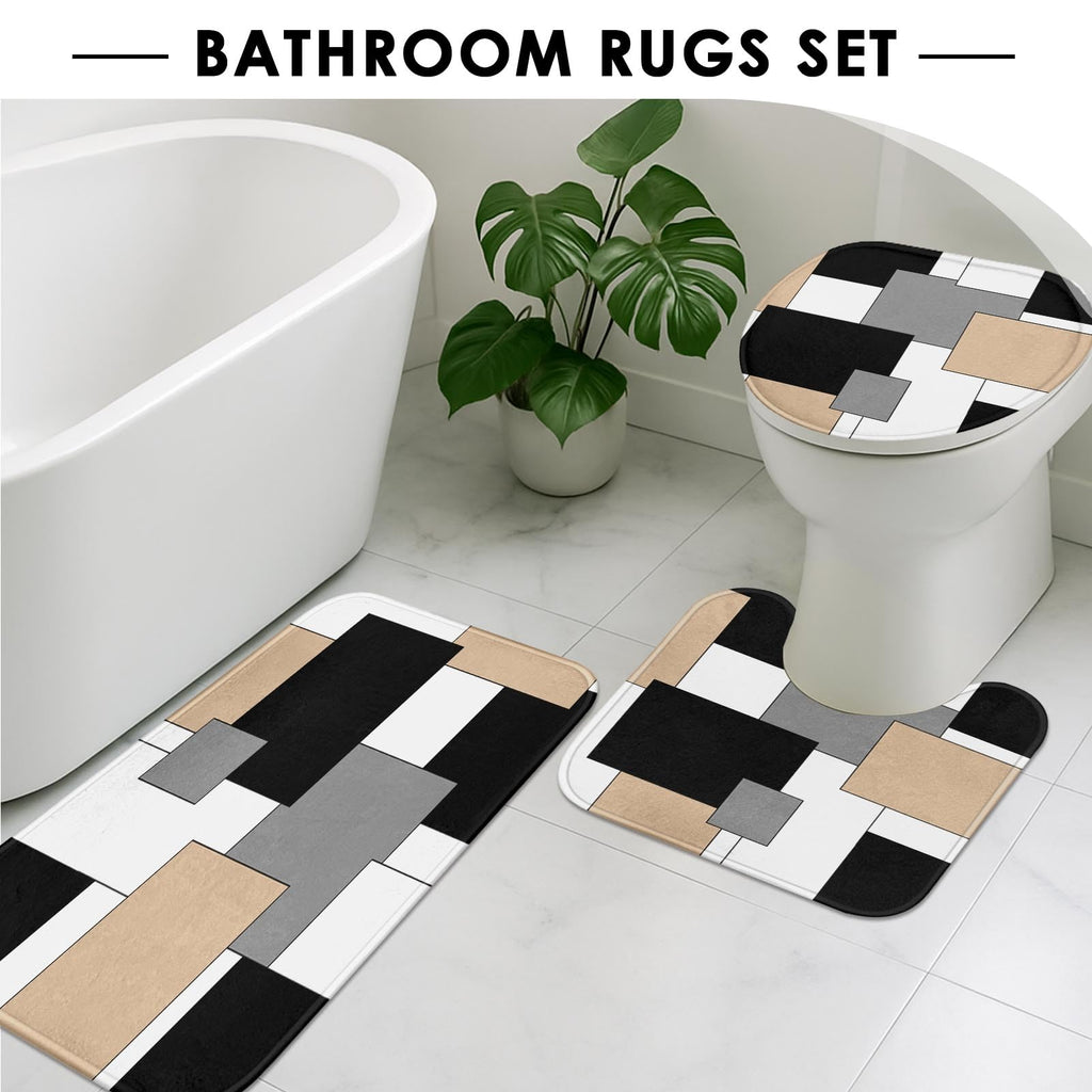 Beige Geometric Shower Curtain Set with Toilet Lid Cover and Non-Slip Rugs for Bathroom, Black Grey White Checkered 4 Pcs Shower Curtain, Modern Abstract Bathroom Set with 12 Hooks