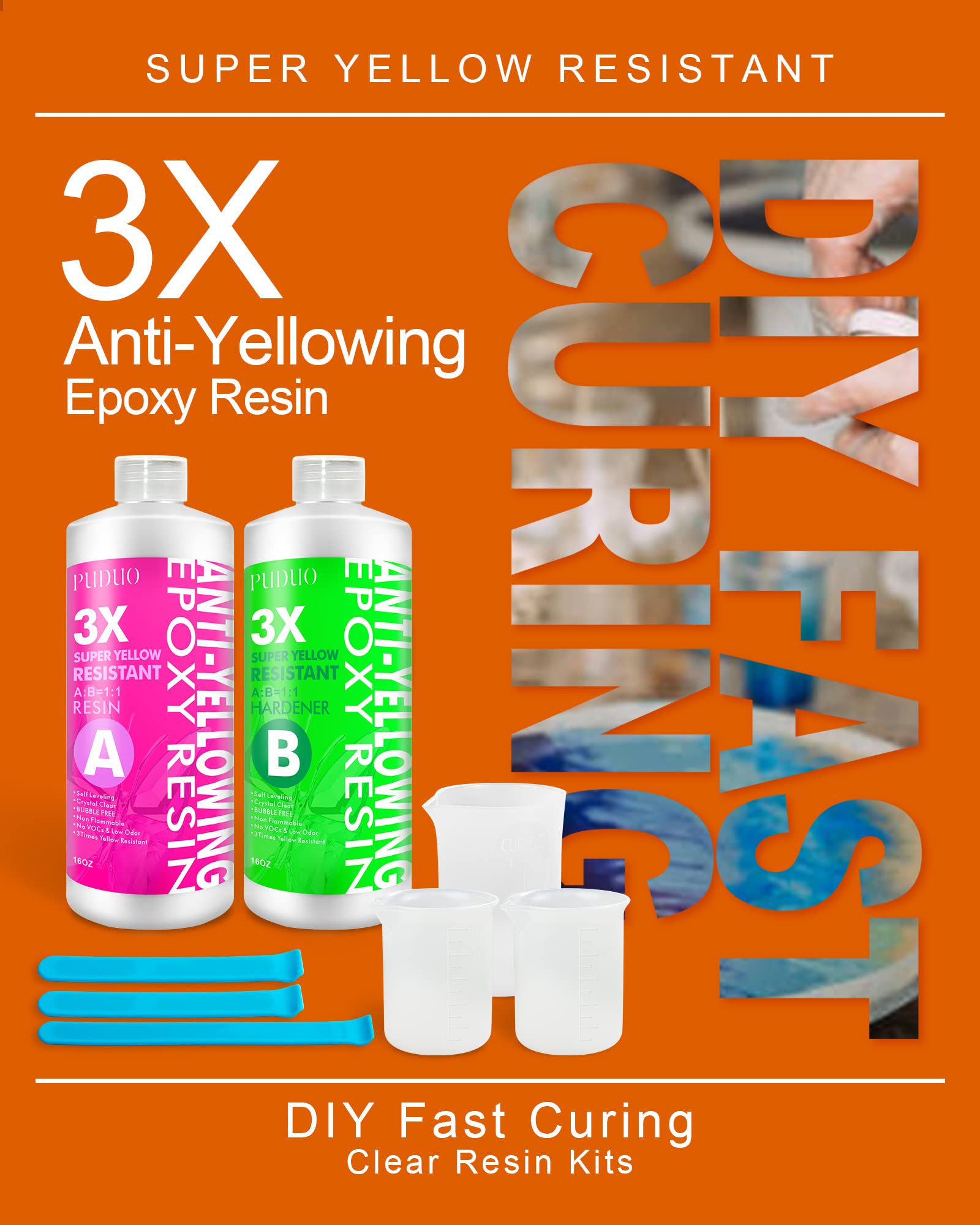 Puduo Epoxy Resin Kit 1.1Gallon，Newly Formulated Crystal Clear Epoxy Resin，Strong, Bubble-Free, Anti-Yellowing Art Resin that，Suitable for Casting, DIY, Resin Art, Molds, Easy to Mix 1:1 Ratio
