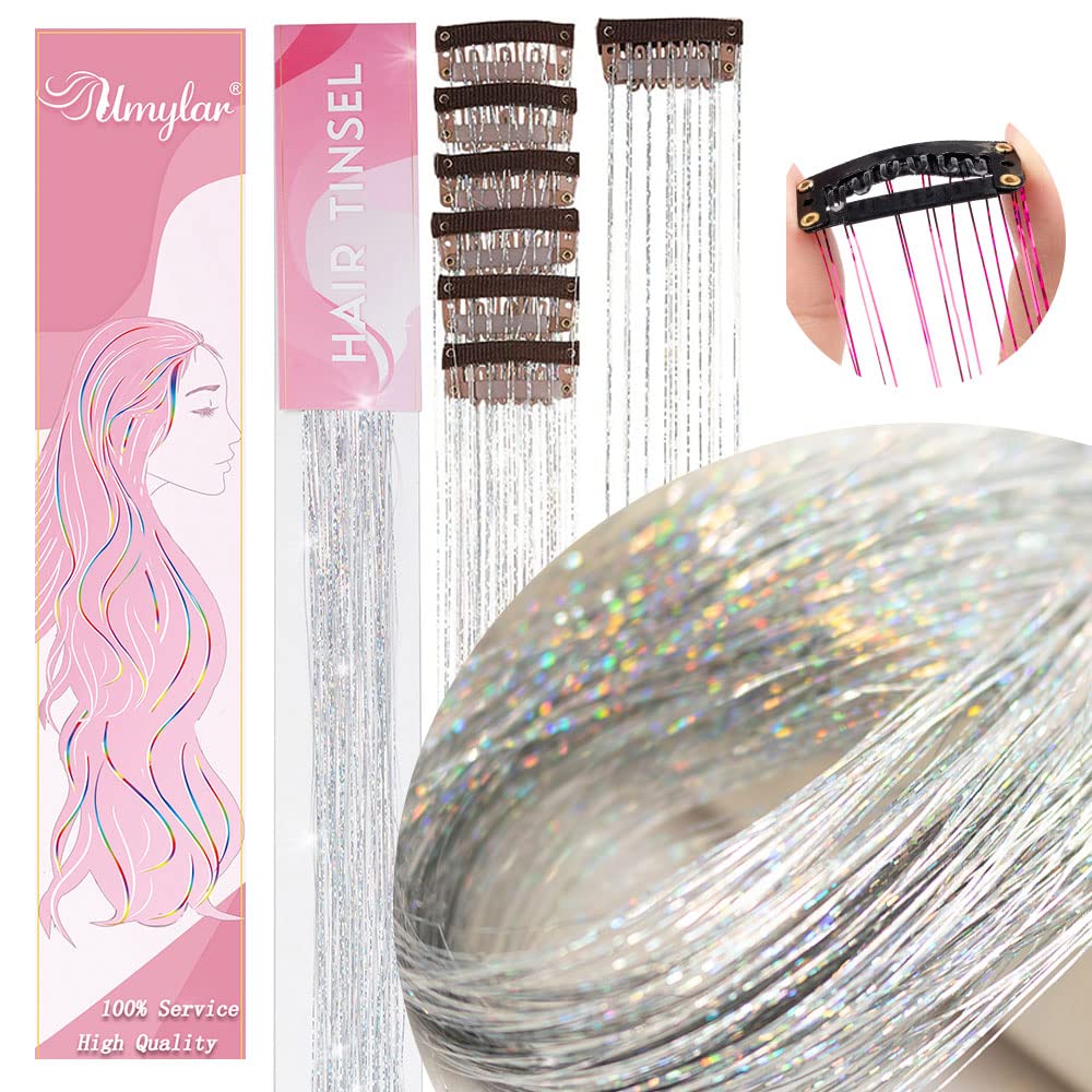 Clip in Hair Tinsel, Pack of 12 Pcs 20 Inch,Glitter Tinsel Hair Extensions, Festival Tinsel Fairy Hair Extension Party Dazzle Hair Accessories Strands Kit for Women Girls(12Pcs,Black#)