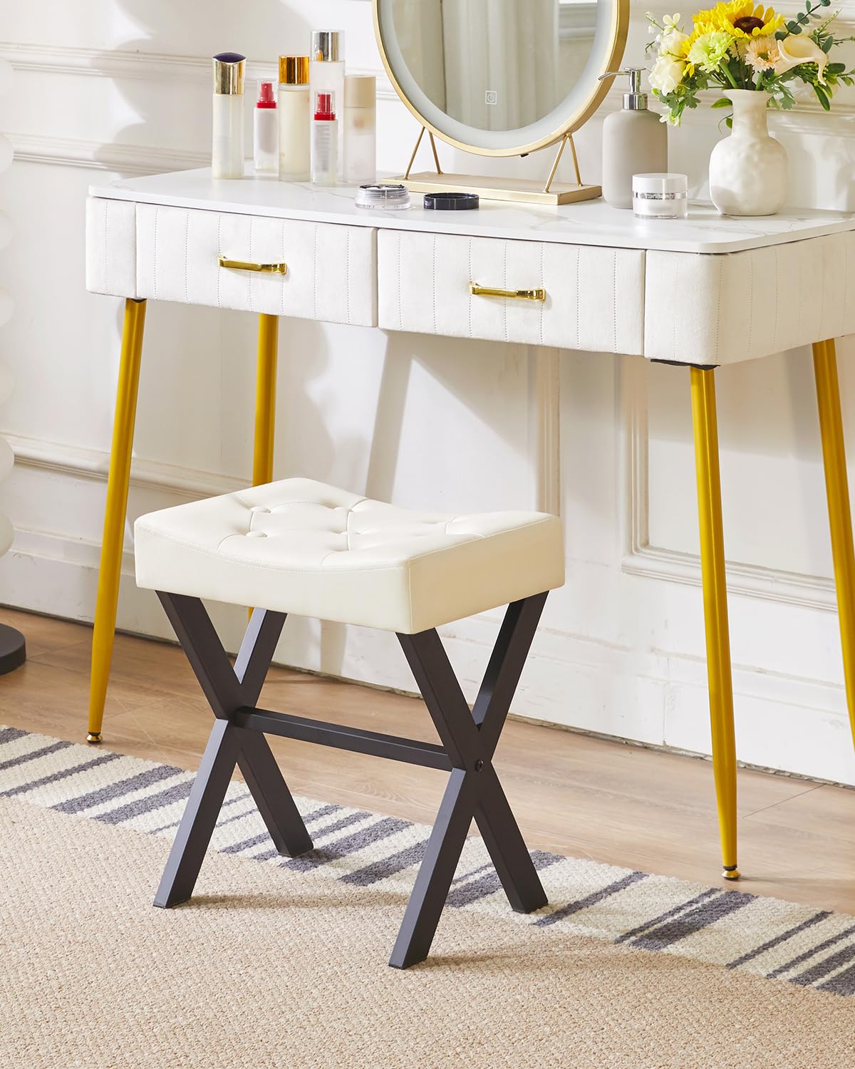 IBUYKE U-Shaped PU Vanity Stool, Square Makeup Chair with X-Leg, Ottoman Seat Footrest Stool, Multi-Use as Small Side Table, for Bedroom, Living Room, Black WBD019B