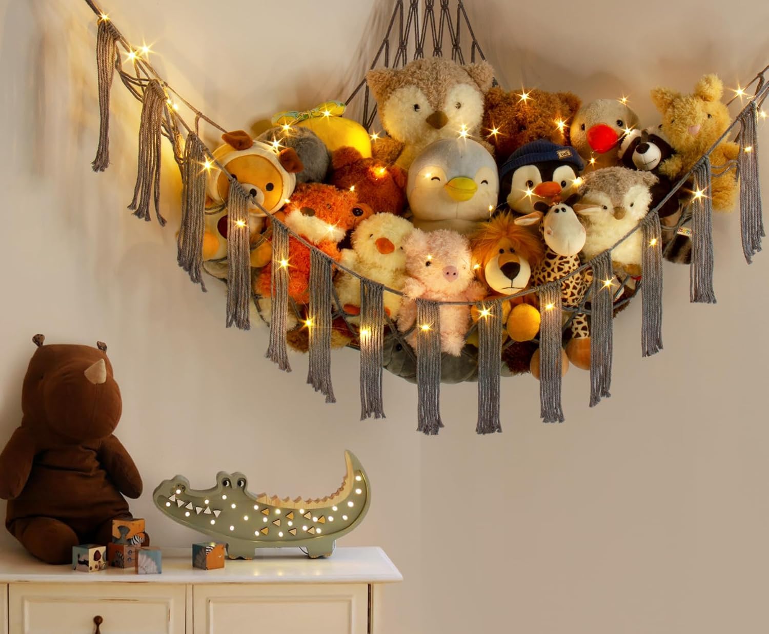 Stuffed Animal Hammock Corner with LED Light - Toy Storage Hammock Plushie Net Large - Cute Stuff Animals Holder Hanging Organizer - Baby Room Decor Kids Toddler Nursery Bedroom Boho