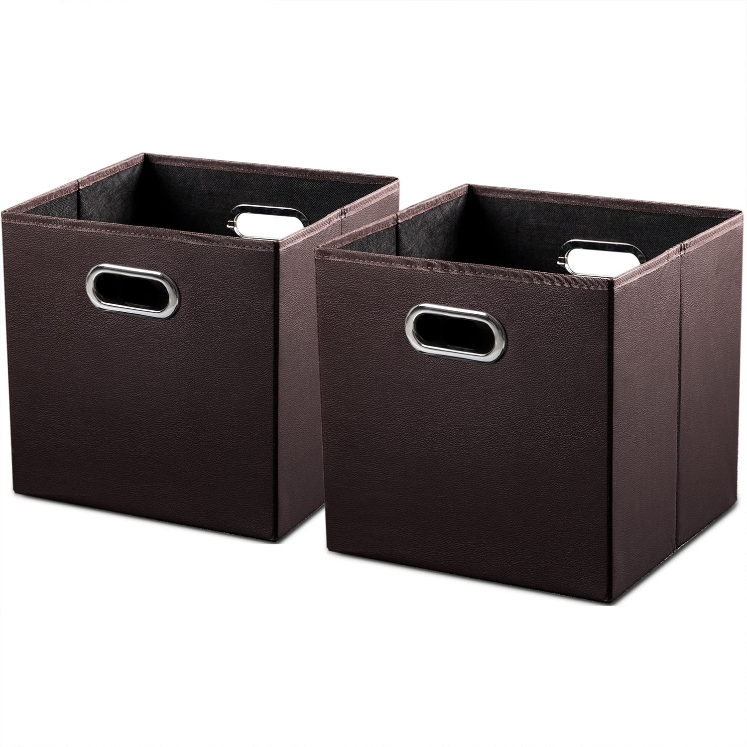 PRANDOM Leather Foldable Cube Storage Bins 11x11 inch [4-Pack] Fabric Storage Baskets Cubes Drawer with Cotton Handles Organizer for Shelves Nursery Closet Bedroom Clothes Black