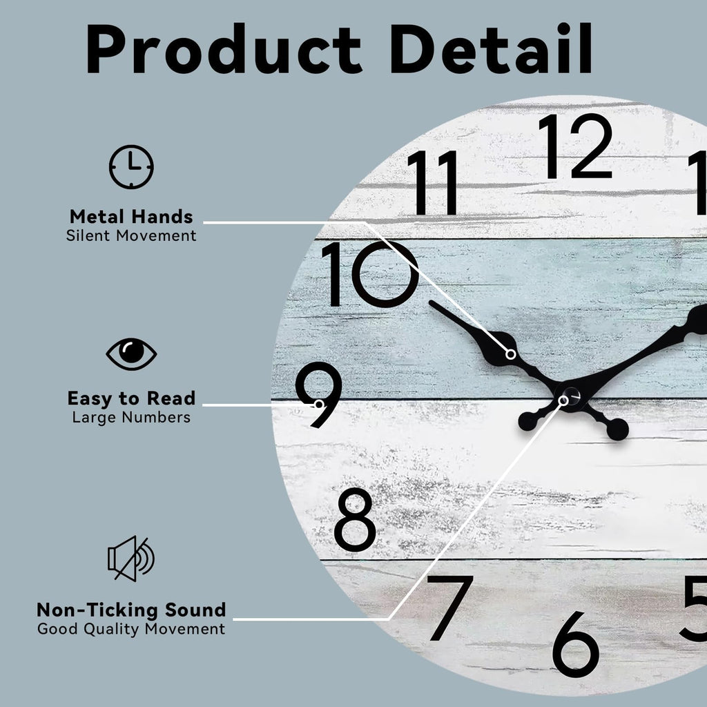 KECYET Wall Clock Silent Non-Ticking Wooden Clocks Battery Operated 8 Inch Small Country Retro Rustic and Beach Style Decorative for Kitchen, Home, Bathroom, Bedroom (Blue)