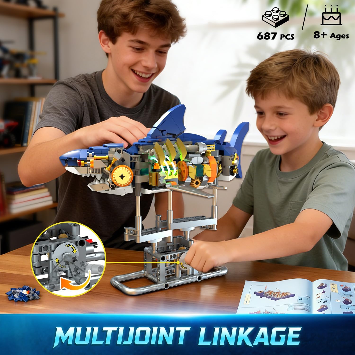 INSOON Mechanical Shark Building Set with LED Light, 687 PCS Interactive Building Block Model with Display Stand, Movable Ocean Animal STEM Toy, Home Decor Gift for Adults Teens Kids Boys Ages 8-12+