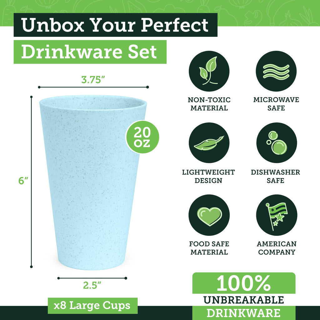 Grow Forward Premium Wheat Straw Cups - 13 & 20 oz Unbreakable BPA Free Hard Plastic Cups - Reusable Lightweight Plastic Drinking Glasses for Kitchen, Outdoor, Water, Camping, RV - Midnight